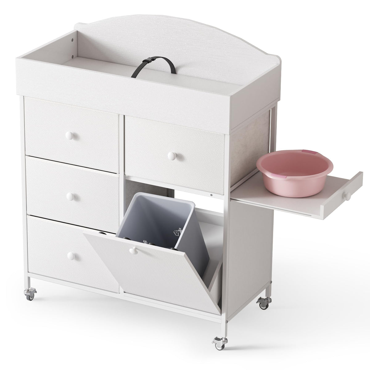 DTK - Cómoda para bebé con superficie cambiadora, cómoda cambiadora de 4 cajones con gabinete de basura inclinable y estante extraíble, estación cambiadora de pañales con almohadilla impermeable y