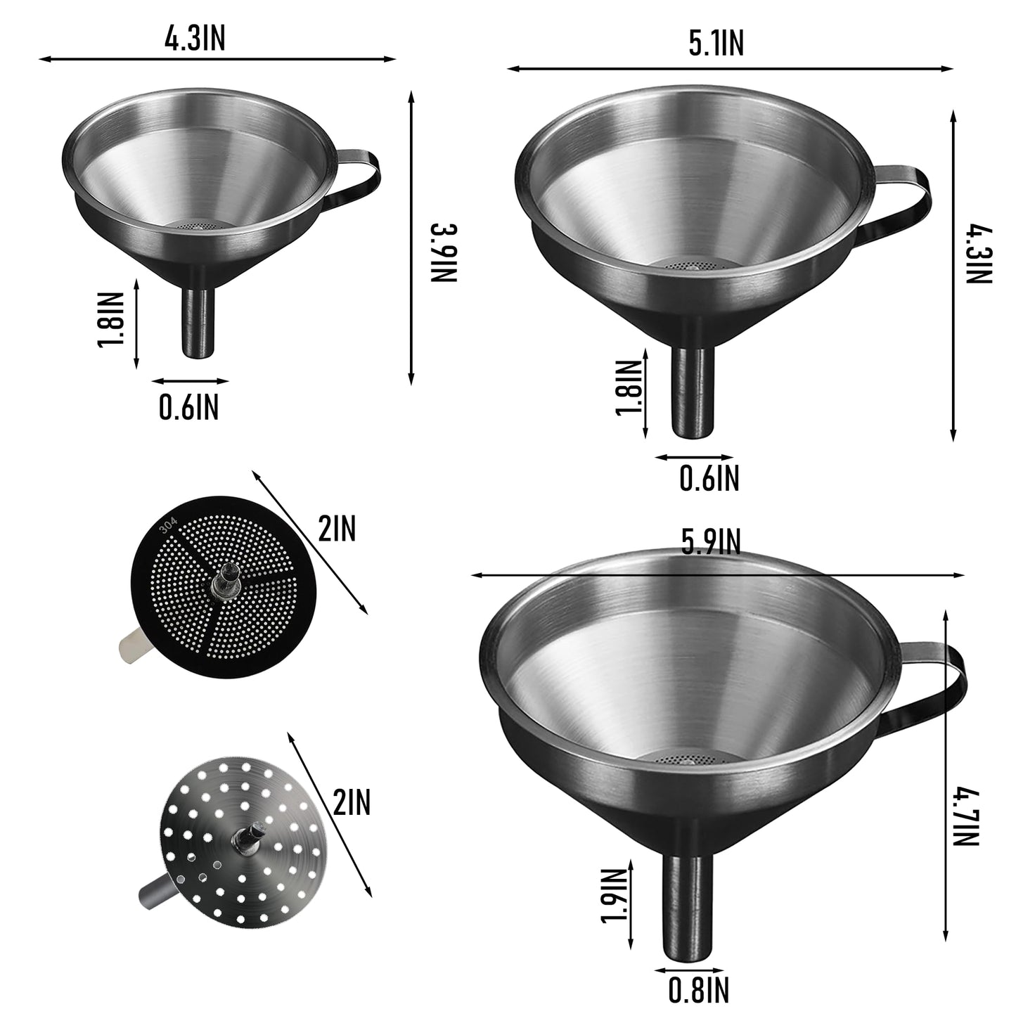 IoF - Juego de embudos grandes de acero inoxidable, embudos de metal para llenar botellas para uso en cocina con filtro de aceite de malla, filtro de aceite de grado alimenticio, especias en polvo,