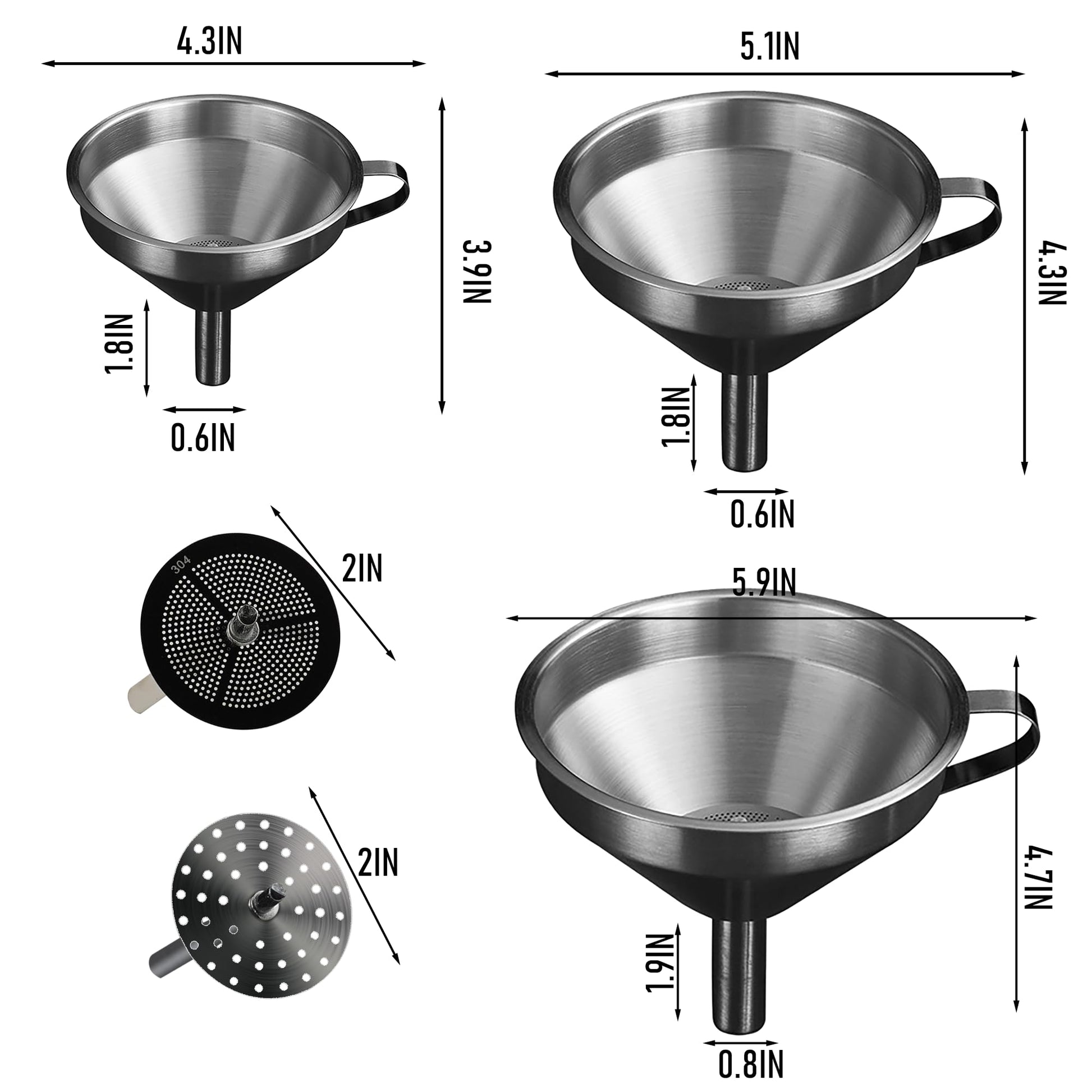 IoF - Juego de embudos grandes de acero inoxidable, embudos de metal para llenar botellas para uso en cocina con filtro de aceite de malla, filtro de aceite de grado alimenticio, especias en polvo,