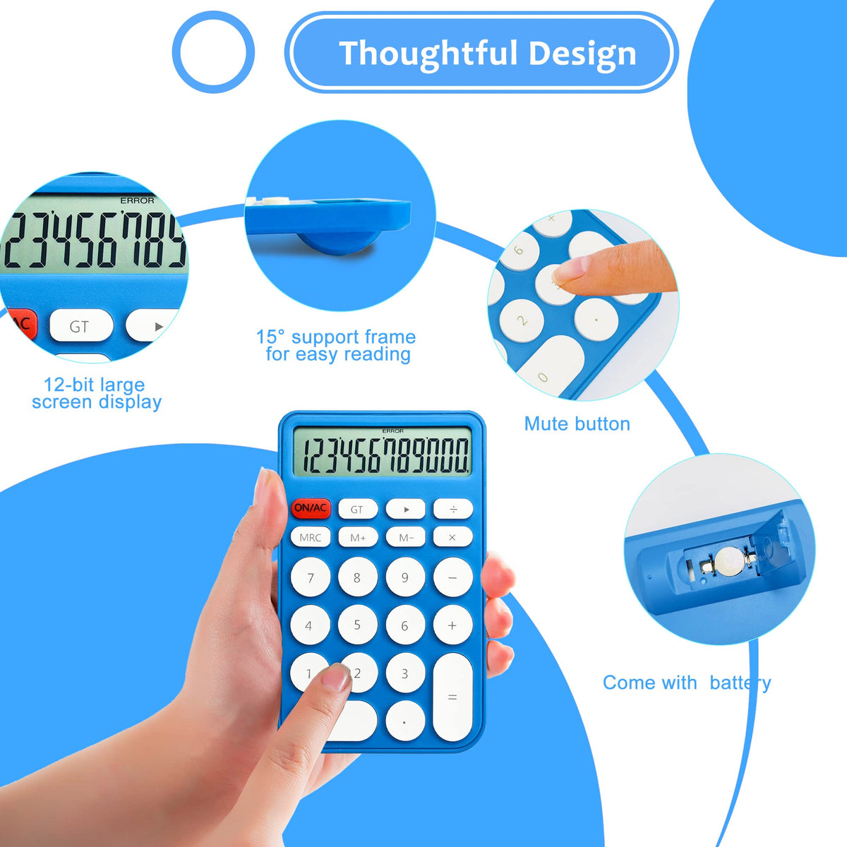 Calculadora estándar de 12 dígitos, visualización grande de computadora y botones, calculadora con visualización LCD grande para oficina, hogar y uso comercial, apagado automático (azul y blanco)