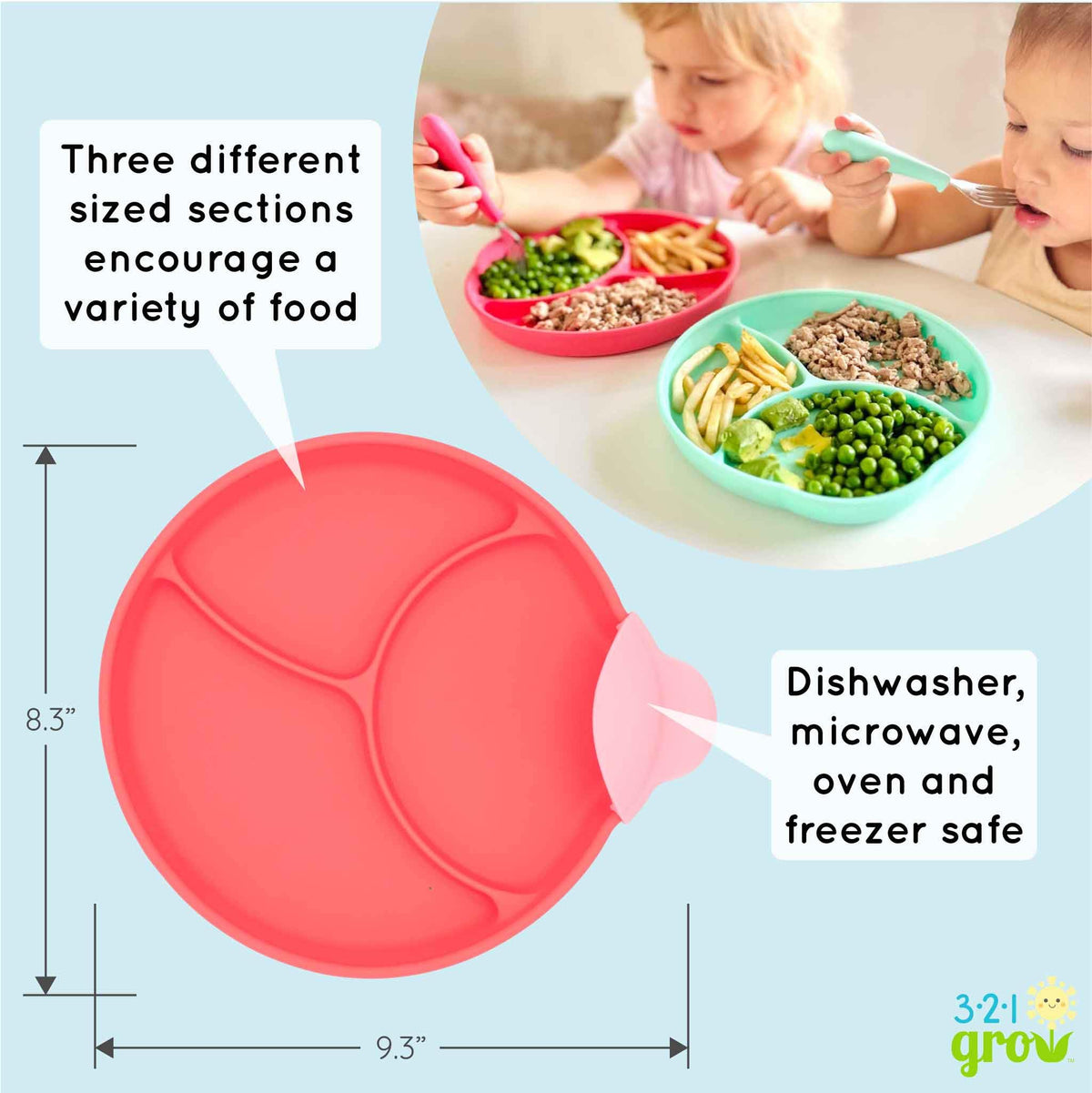 321 Grow • Juego de platos fáciles de cucharar y sostener • Juego de 2 platos • Placa de silicona para bebés, niños pequeños con divisores • Borde de clip para comidas fáciles y sin desorden • 6 meses