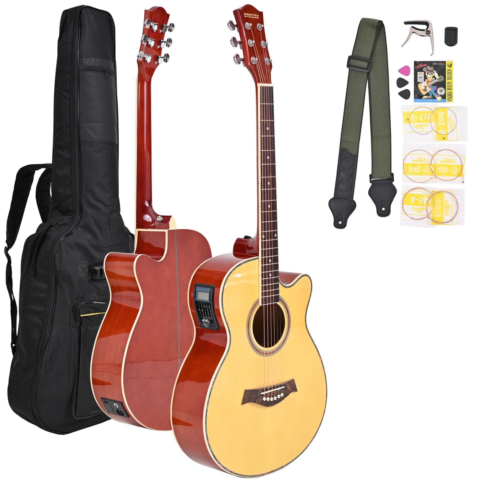 BREEZEE Guitarra Electroacústica de 40” Diseñada sobre Abeto, Merbau, Okume y Palisandro. Acabado de Barniz en Pulverización, Incluye Set de Accesorios Completo para Principiante