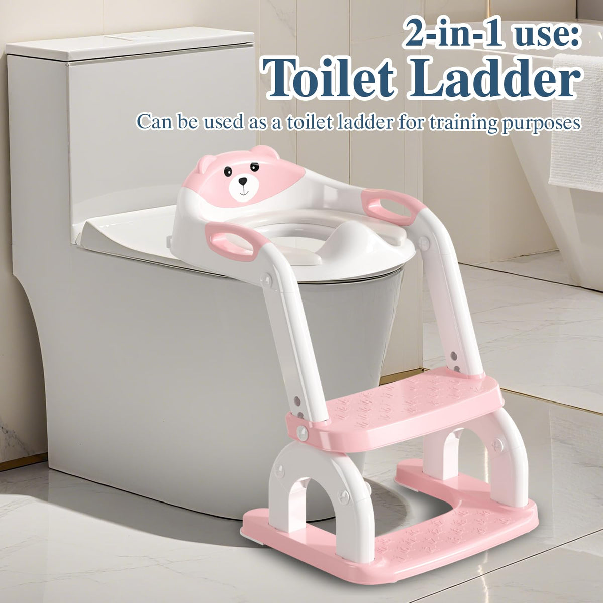 CUXFLS - Asiento de entrenamiento para niños pequeños, altura ajustable 2 en 1, escalera de inodoro para niños y niñas, con protector contra salpicaduras, cojín impermeable, almohadilla antideslizante