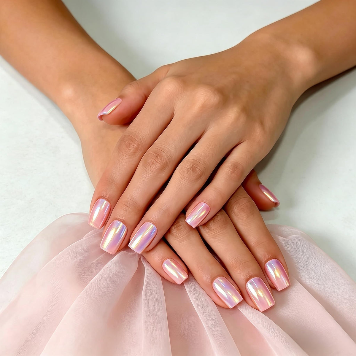 SXVME Uñas postizas cuadradas cortas medianas - Uñas postizas en cromo rosa bebé iridiscente con pegamento para mujer, uñas postizas de gel brillante, uñas postizas reutilizables, 24 unidades