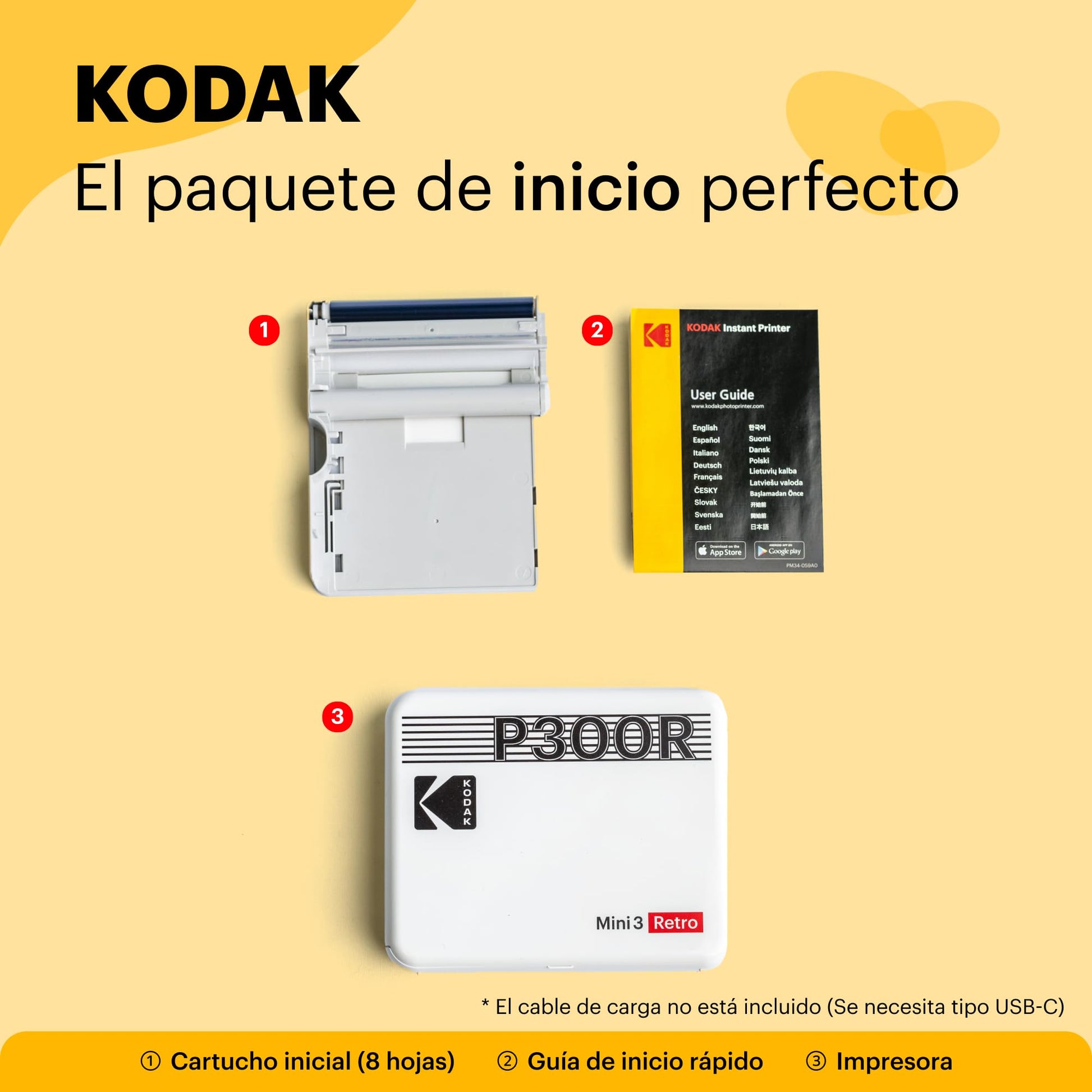 KODAK Mini 3 Retro 4PASS Impresora de Fotos Portátil (7,6x7,6cm) + 8 Hojas, Negro
