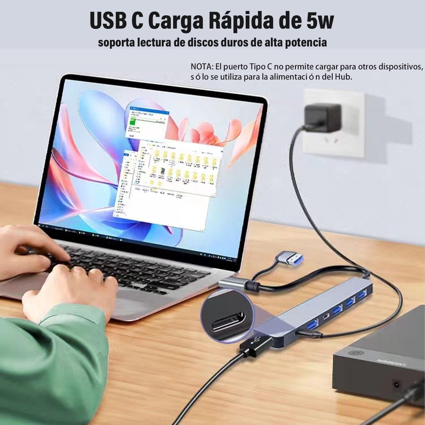 Hub USB C 3.0 7 en1, Adaptador USB a Tipo C Multipuerto con 1 Puerto USB 3.0, 4 Puertos USB 2.0, 2 Puerto Tipo C, Adaptador para MacBook Air/Pro iPad y Más Dispositivos PC/Laptop/Tablet