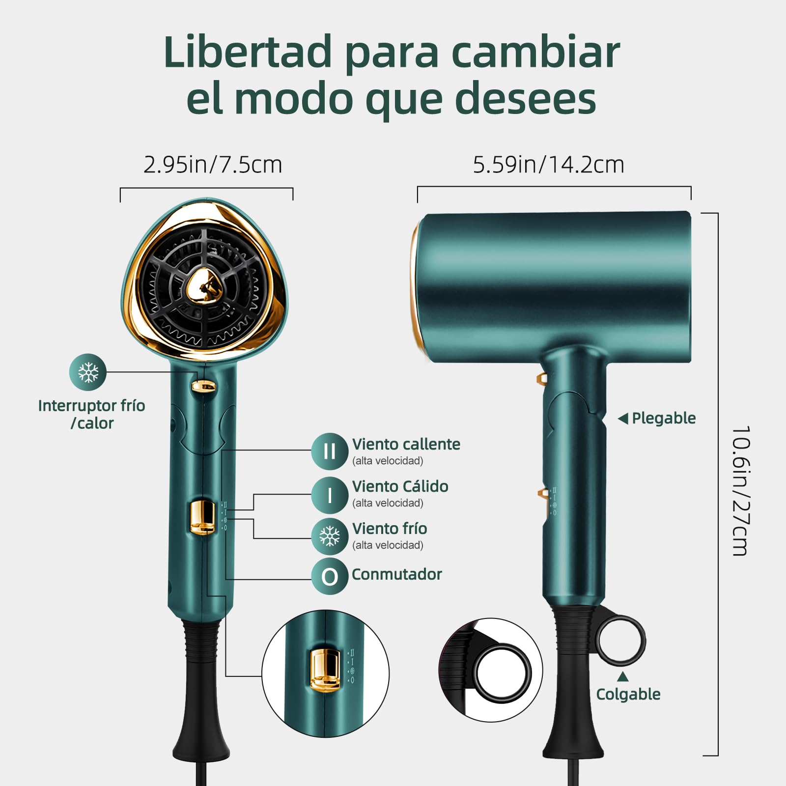 Secadora de Cabello,1800W Secador Cabello de Iónico Negativo,3 Velocidades de Ajuste Frío/Calor,Portatil y Plegable,Secadora para Cabello Profesional Con Boquilla y Difusor,Apto para Hogar,Viaje,Salón