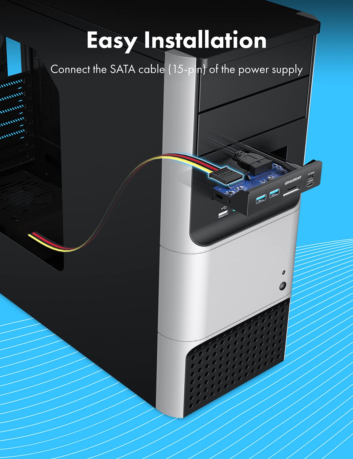 GRAUGEAR Hub USB de panel frontal de 3.5 pulgadas con lector de tarjetas interno, USB 3.2 Gen2 USB-C, puertos USB 3.0, ranuras para tarjetas SD MicroSD/TF, cabezal de llave A de 20 pines y conexión de alimentación SATA, bahía de 3.5 pulgadas [G-MP01CR]