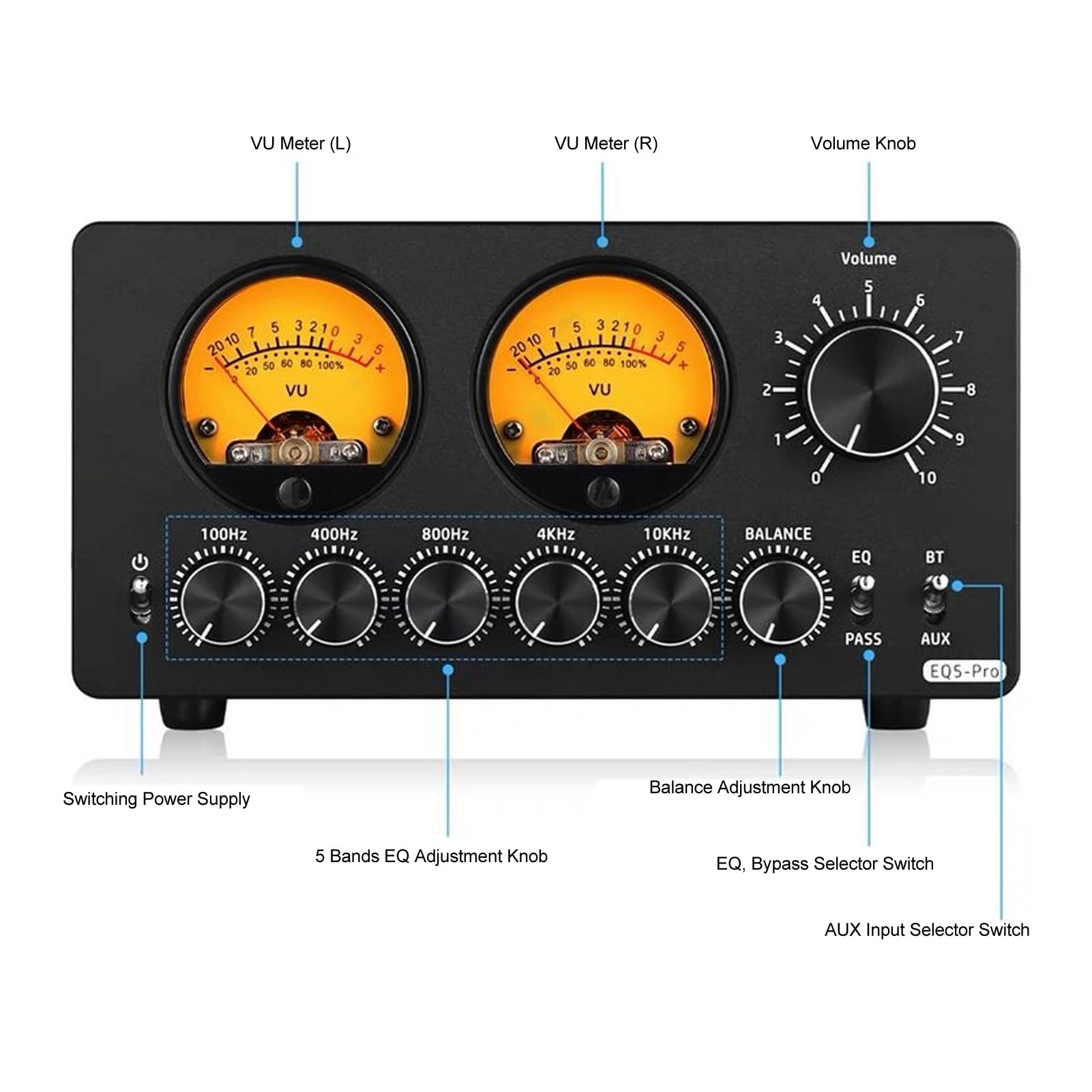 Ecualizador de Preamplificador Yunseity Negro Bluetooth 5.0 para Automóvil con Medidor VU