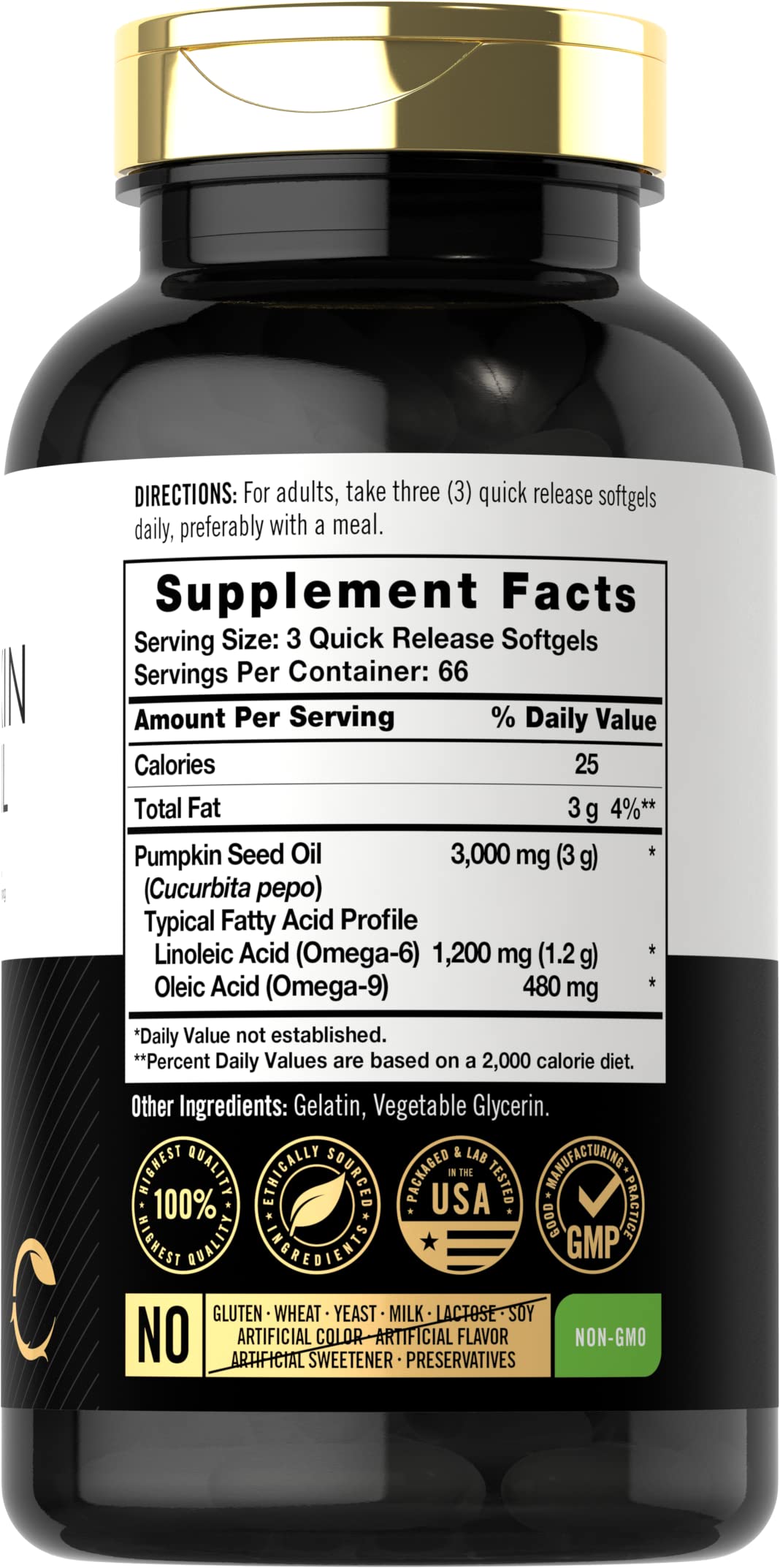 Carlyle Aceite de Semilla de Calabaza 3000mg 200 Cápsulas - Ácidos Grasos - Urinario - Piel - Corazón - Digestión - Hecho en USA