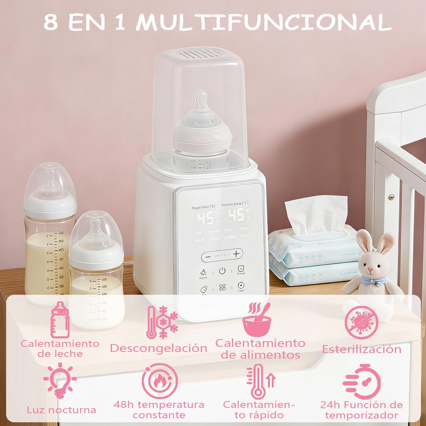 Calentador de Biberones 8 en 1 Eléctrico, Esterilizador de Biberones, Control Preciso de Temperatura, Función de temporizador, para Leche Materna o Fórmula, Es perfecto para las nuevas mamás.