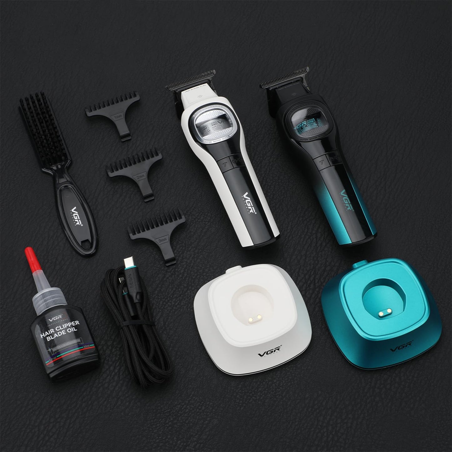 VGR 888T - Cortapelos inalámbrico para hombre, profesional Turbo 8000 RPM con hoja de carbono DLC, pantalla LED, base de carga USB, kit de corte de barba y cabello recargable con peine guía, (verde)