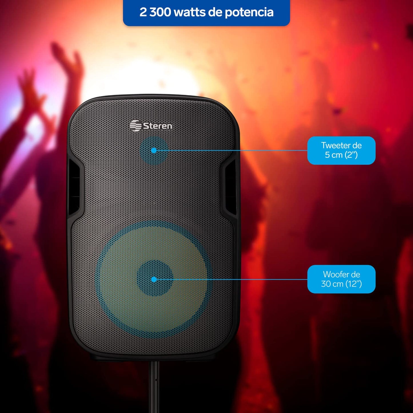 STEREN BAF-1255BT Bafle 12" 2300 WPMPO Bluetooth, woofer y Tweeter, MP3 por microSD o USB, AUX RCA, 6,3 mm para Mic, Crossover, Salida Speakon, Ruedas y agarraderas, Orificio para Colocar en Pedestal