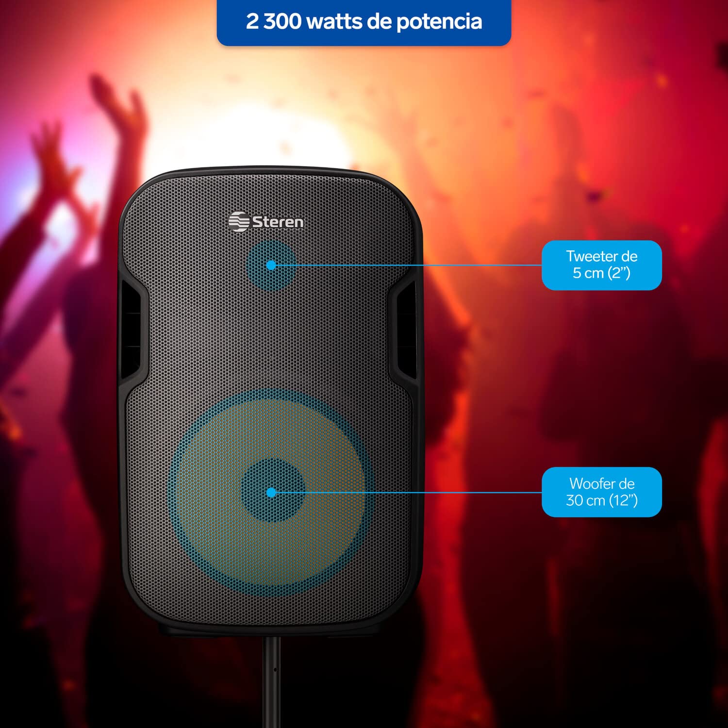 STEREN BAF-1255BT Bafle 12" 2300 WPMPO Bluetooth, woofer y Tweeter, MP3 por microSD o USB, AUX RCA, 6,3 mm para Mic, Crossover, Salida Speakon, Ruedas y agarraderas, Orificio para Colocar en Pedestal