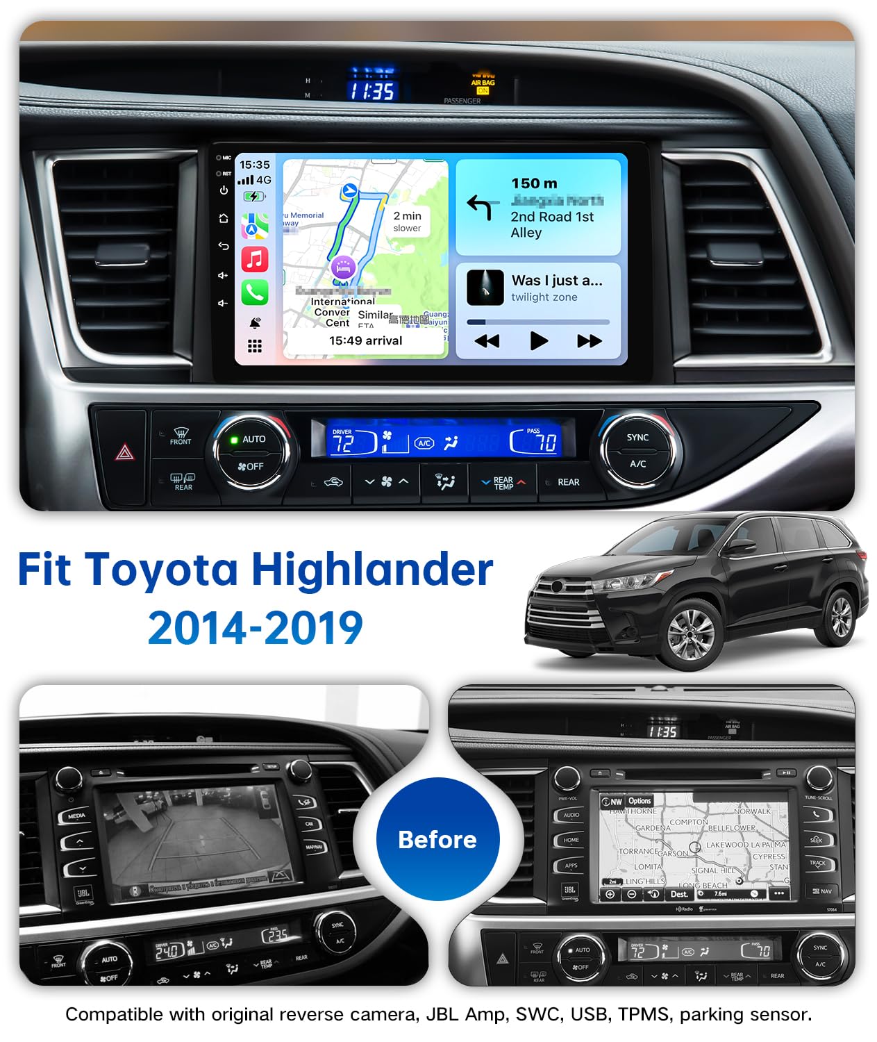 ViaBecs - Radio Android 13 para Toyota Highlander 2014-2019, visualización táctil QLED HD de 10.2 pulgadas, 6G+128G con Apple Carplay, Android Auto, WiFi, DSP, SWC, Radio FM AM