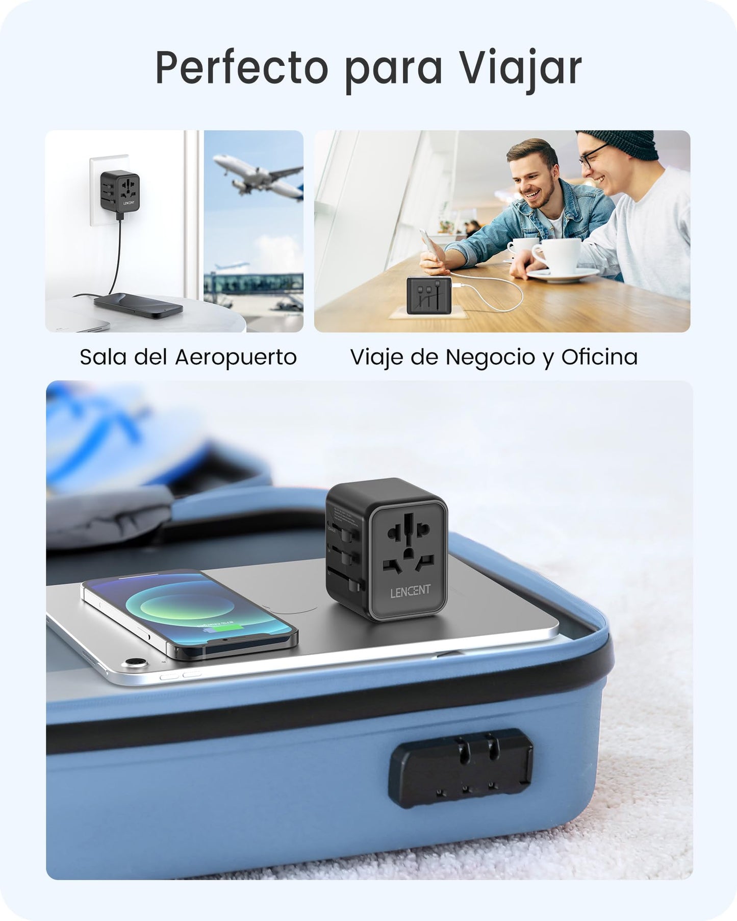 LENCENT Adaptador Enchufe Universal, Enchufe Internacional con 2 Puertos USB, Cargador de Viaje para Europa, Americano, Canadá, Reino Unido, Australia, Adaptador Viaje para Más de 200 Países, Negro