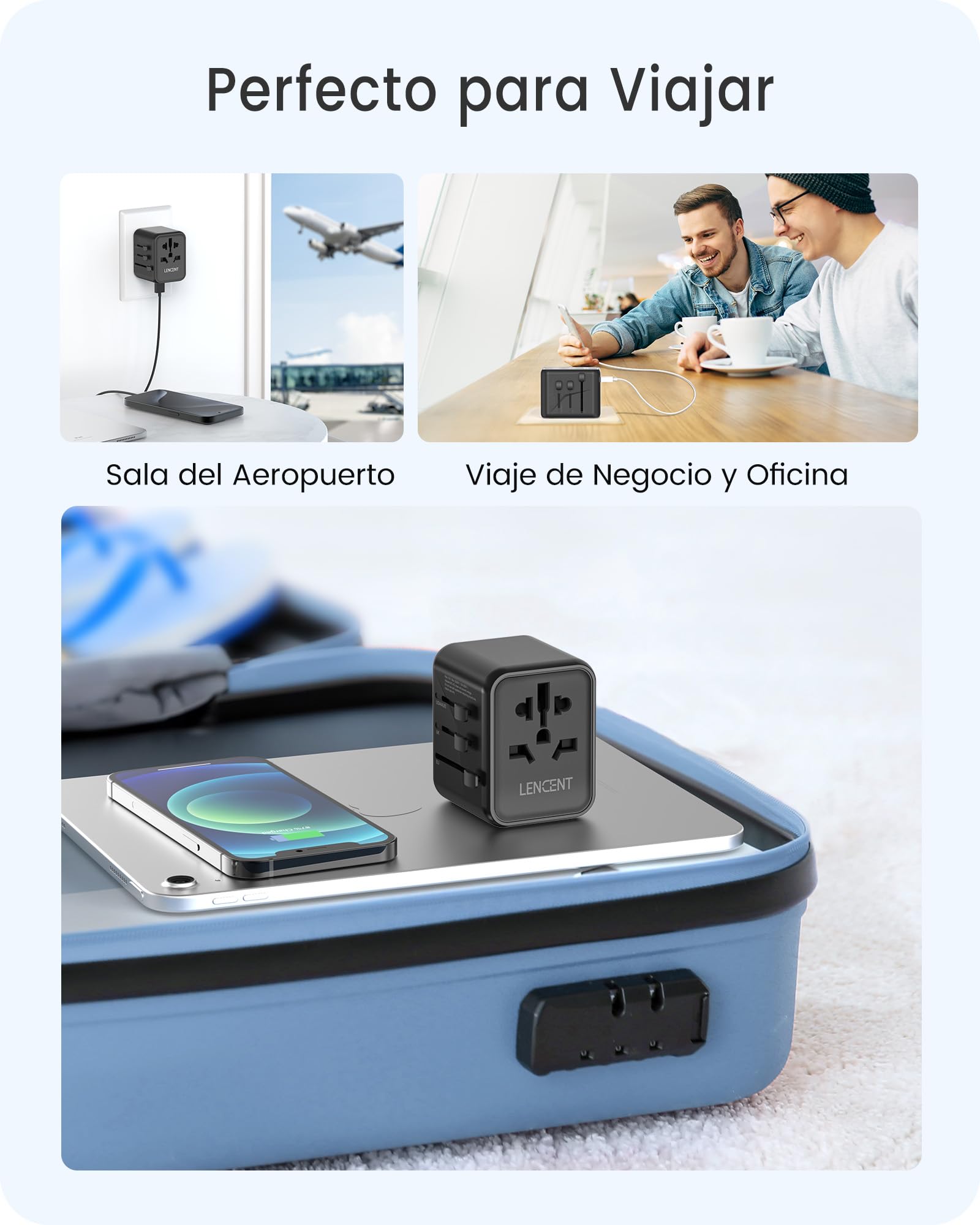 LENCENT Adaptador Enchufe Universal, Enchufe Internacional con 2 Puertos USB, Cargador de Viaje para Europa, Americano, Canadá, Reino Unido, Australia, Adaptador Viaje para Más de 200 Países, Negro