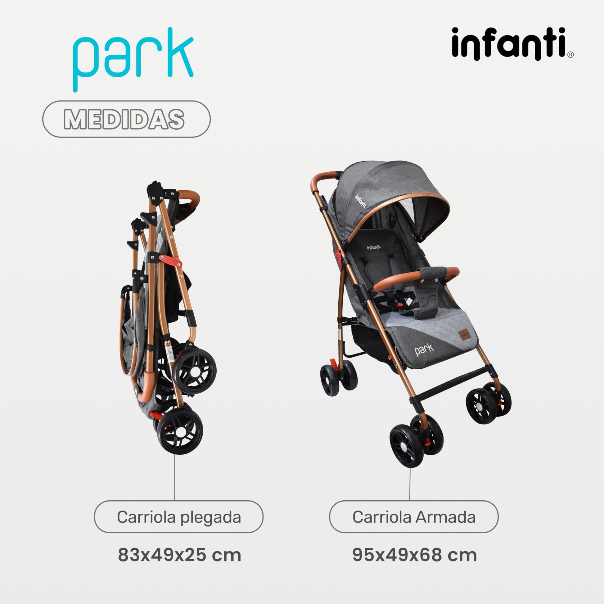 INFANTI | Carriola para Bebe PARK | Carreola con Portabebé - Carriola de Viaje - Carrito para Bebe | Cosas para Bebes 6 Meses hasta 15 kg - Compacta y Plegable | con Barra de Seguridad Desmontable (Gris)