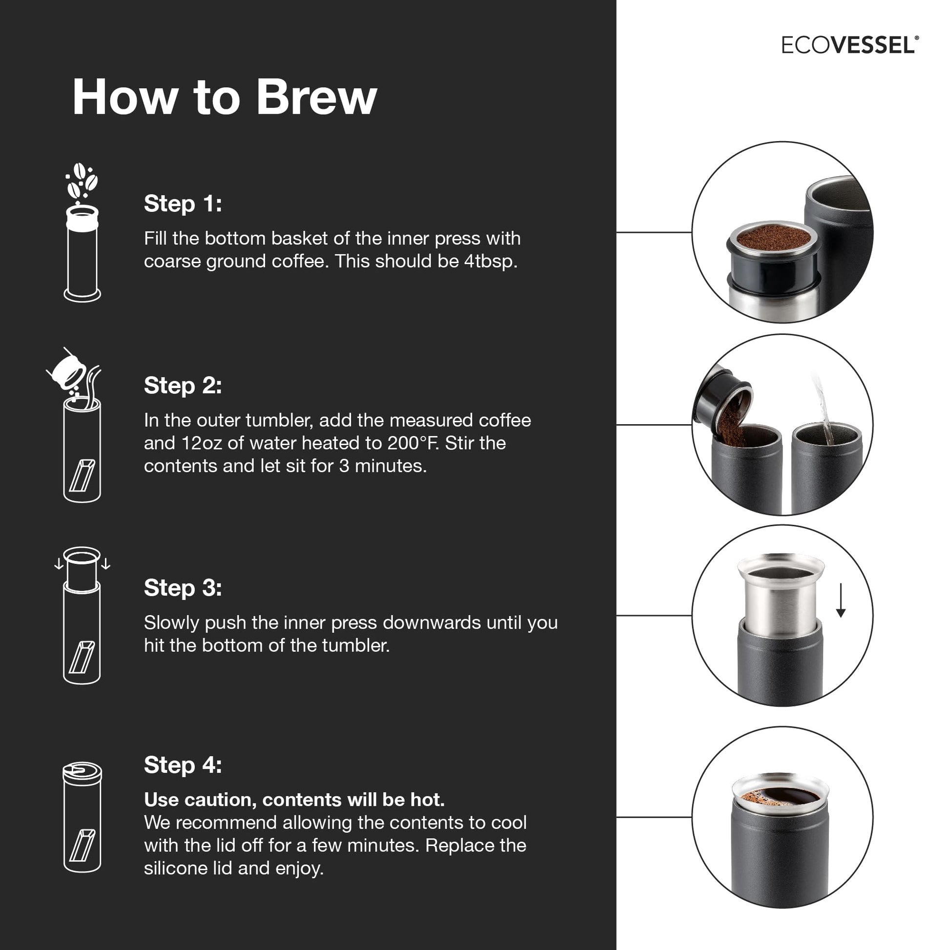 EcoVessel - Prensa francesa portátil, cafetera de viaje, aislada, acero inoxidable, botella reutilizable, 14 onzas (negro)