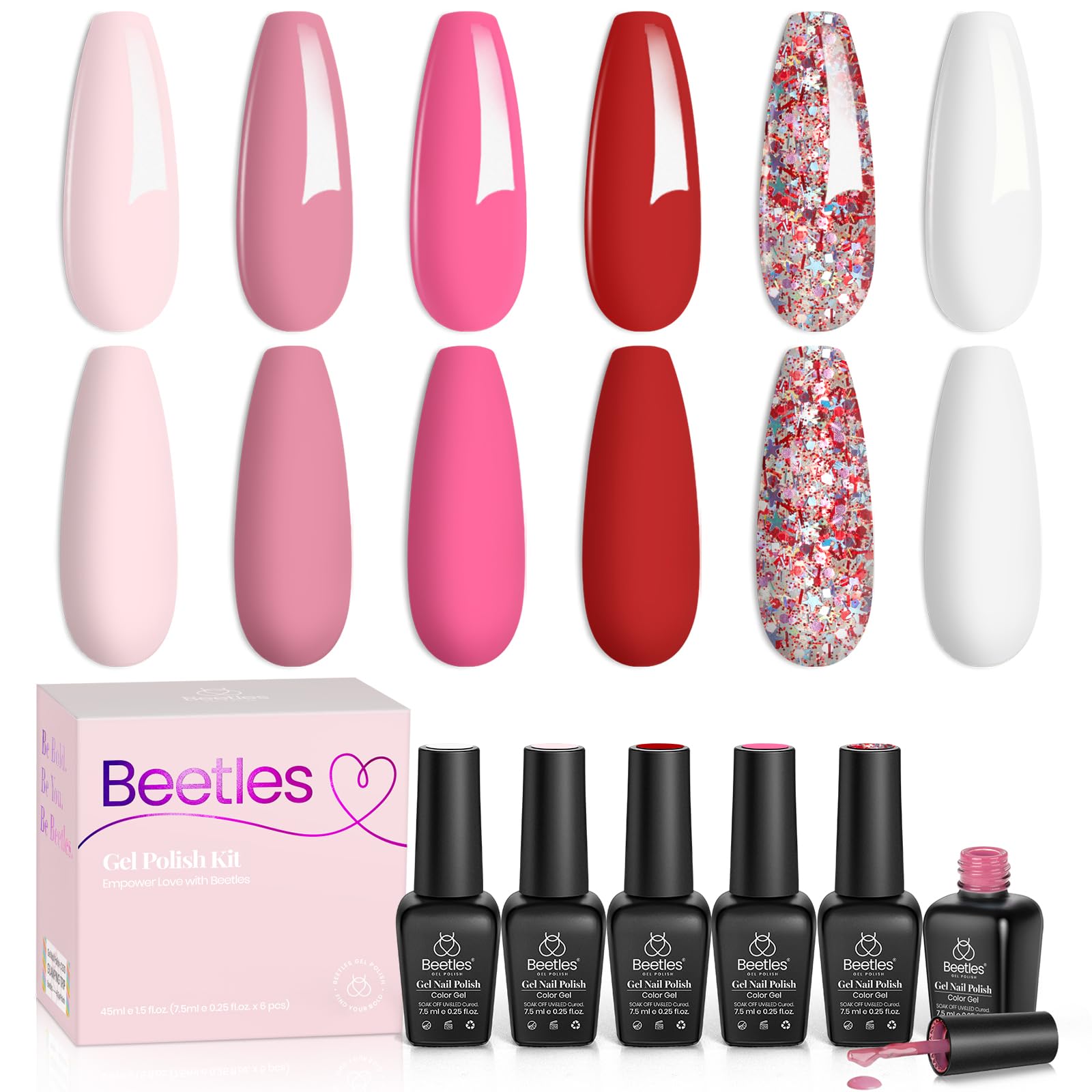 Beetles Juego de esmaltes de uñas de gel, 6 colores, rosa, rojo, kit de uñas de gel, colección Fall in Love, gel rosa con purpurina, lámpara de uñas LED ultravioleta, kit de manicura, regalos para mujeres