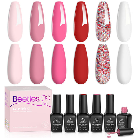 Beetles Juego de esmaltes de uñas de gel, 6 colores, rosa, rojo, kit de uñas de gel, colección Fall in Love, gel rosa con purpurina, lámpara de uñas LED ultravioleta, kit de manicura, regalos para mujeres