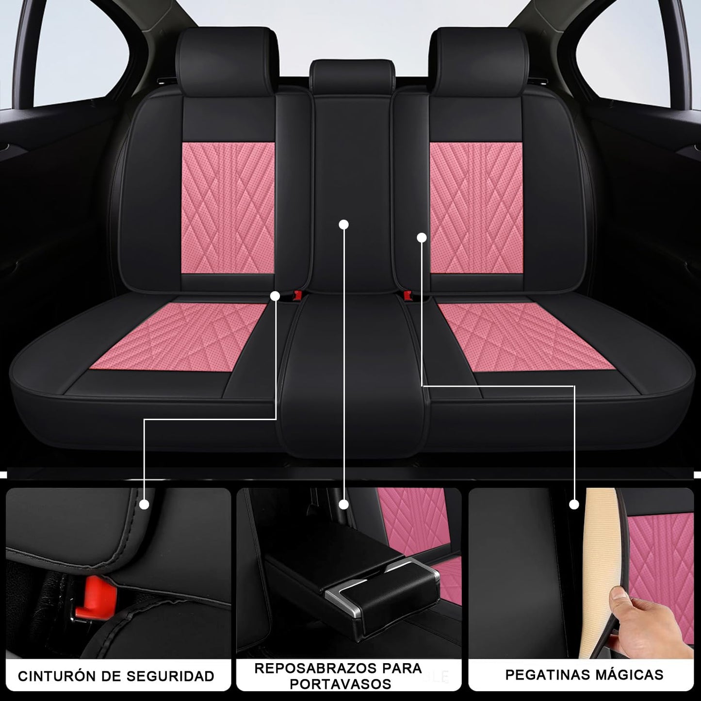 OFFCEI Fundas para Asientos de Cuero Impermeable y Lavable, Universal para Coches Medianos/Pequeños de 5 Plazas/SUV (Negro y Rosa)