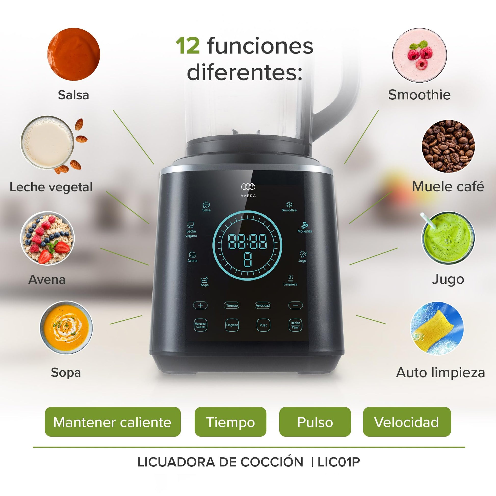 AVERA Licuadora profesional digital 4 en 1 con vaso de vidrio borosilicato de 1.7 L Resistente a 450°C, 1200 W, 10 Velocidades y 12 Funciones | LIC01P
