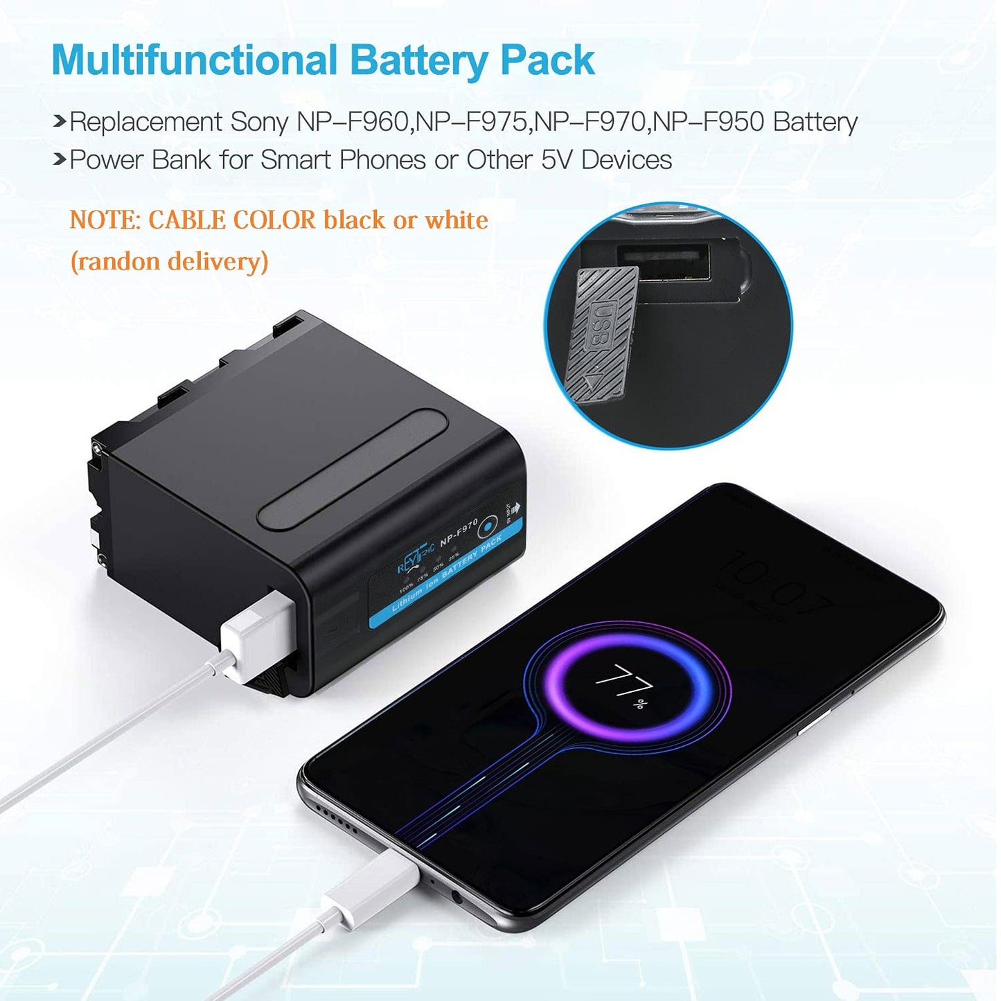 Batería Compatible Sony Negro 7800 mAh con Cable Micro USB para Cámara LED y Luz de Vídeo