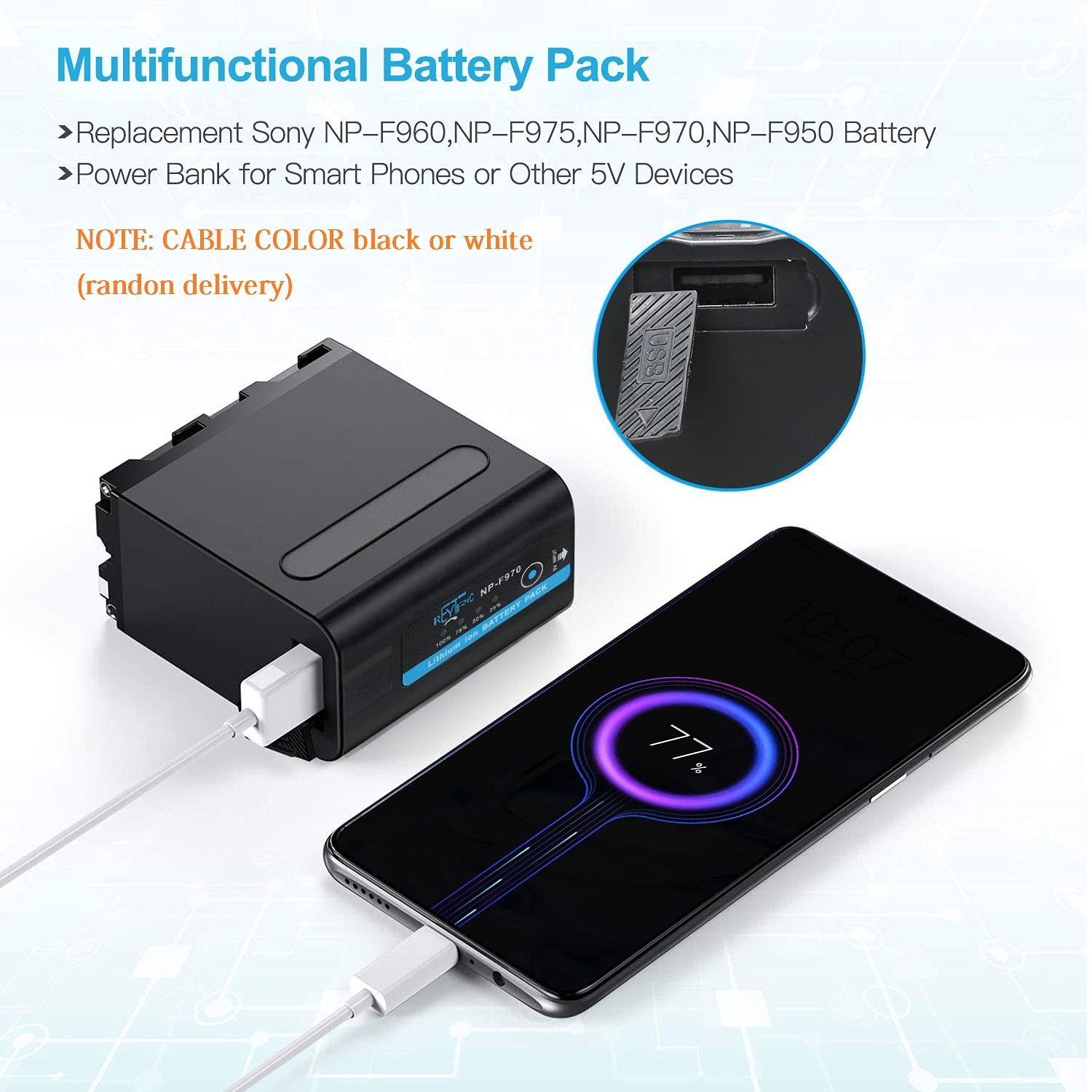 Batería Compatible Sony Negro 7800 mAh con Cable Micro USB para Cámara LED y Luz de Vídeo