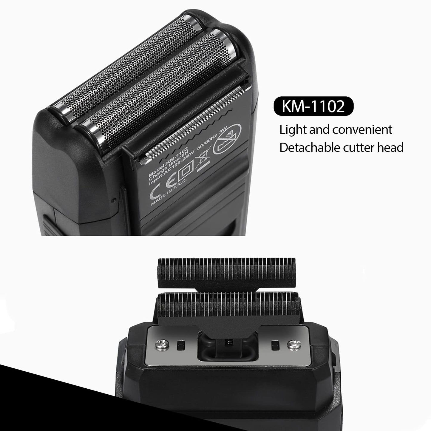 Afeitadora inalámbrica recíproca recargable KEMEI para hombre, de precisión, para barba, patillas, maquinilla de afeitar multifunción de doble hoja, negro