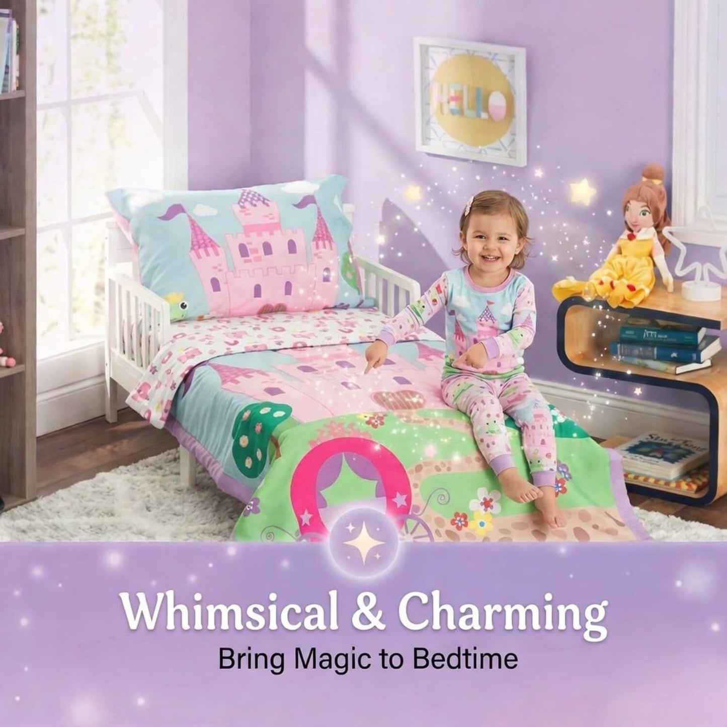 Everyday Kids - Juego de ropa de cama de 4 piezas para niños pequeños - Princess Storyland - Incluye edredón, sábana encimera, sábana bajera ajustable y funda de almohada reversible