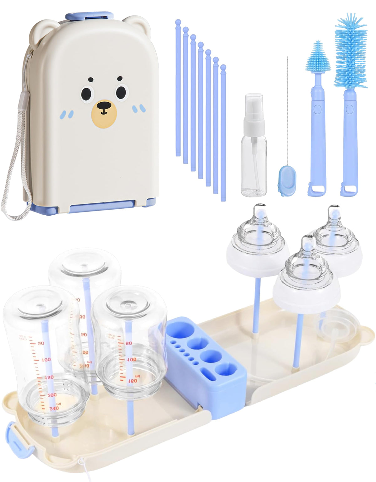 Kit de limpieza de botellas de viaje, 7 en 1, equipo de viaje para bebé, juego de cepillos de silicona para botellas de viaje, estante de secado de pezones, dispensador de jabón de limpieza, estuche
