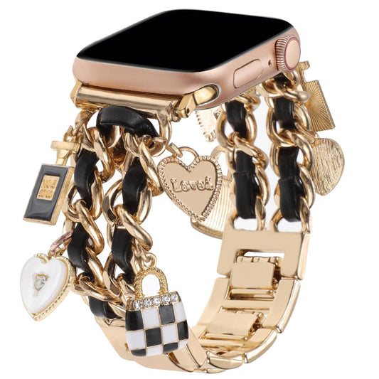 REALSIGN - Elegante pulsera compatible con correas de Apple Watch de 38mm, 40mm, 41mm, 42mm, 44mm, 45mm, 49mm, dijes de metal, iWatch Series 9 8 7 6 5 4 3 2 1 SE (42/44/45mm, cuero dorado/negro)