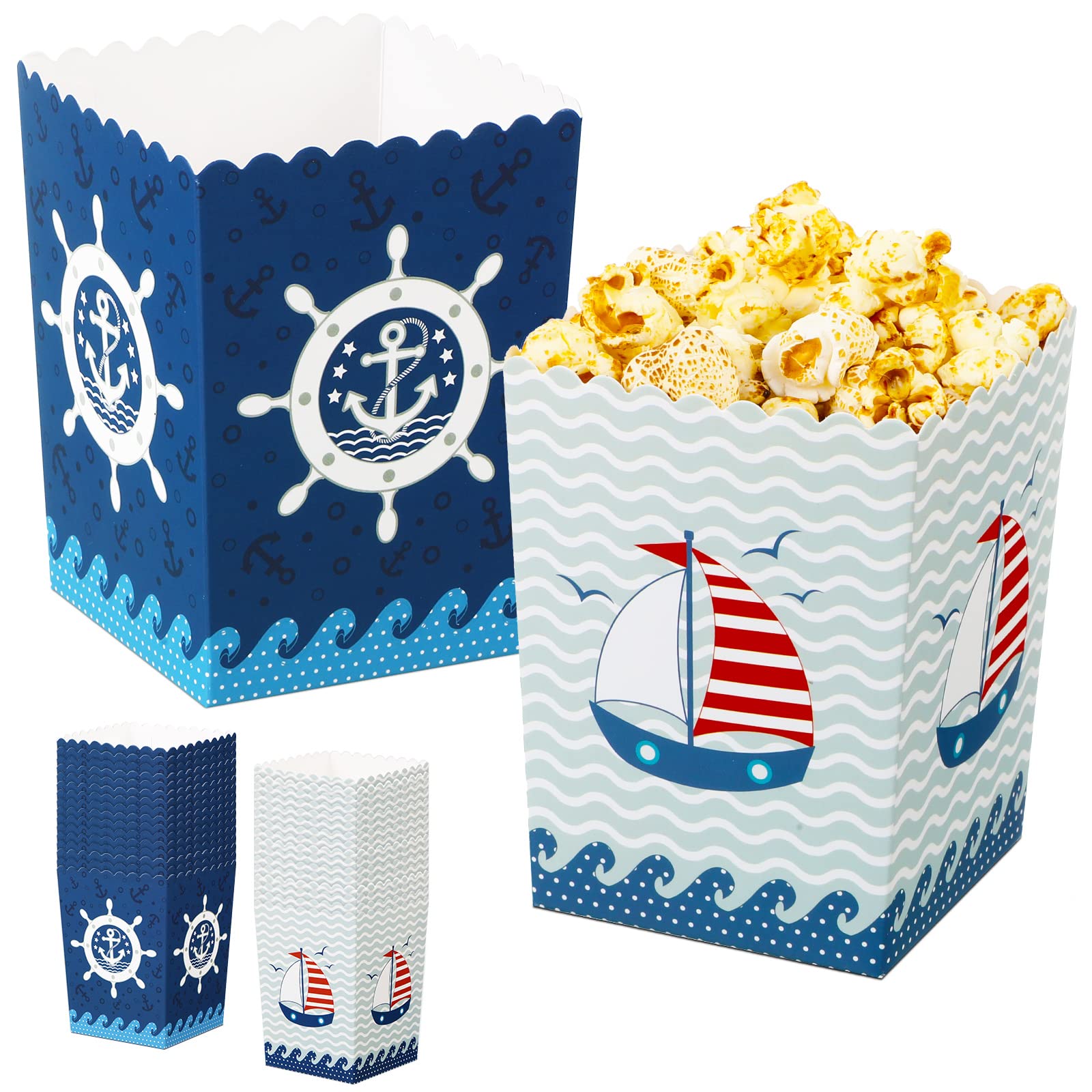 HooLing 48 cajas de palomitas de maíz marinero para crucero, decoración náutica para fiestas de palomitas de maíz, cajas de regalo de papel, ancla, océano náutico, regalos para fiestas de cumpleaños,
