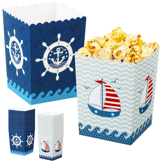 HooLing 48 cajas de palomitas de maíz marinero para crucero, decoración náutica para fiestas de palomitas de maíz, cajas de regalo de papel, ancla, océano náutico, regalos para fiestas de cumpleaños,