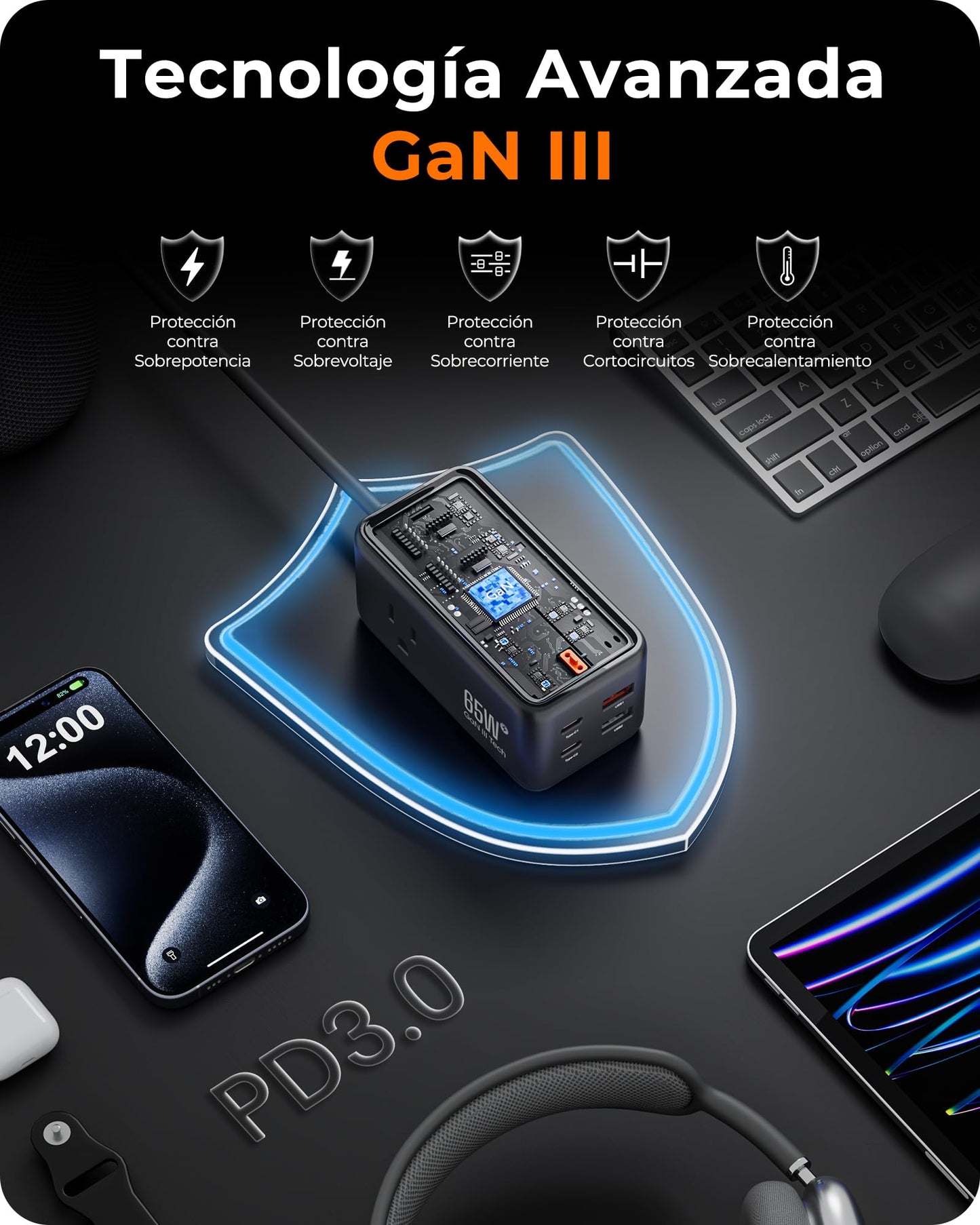 LENCENT Cargador USB C y PD 65W, Cargador Rápido GAN III Tech con 3 Tomas CA + 4 Puertos USB, Estación de Carga USB C de Cable para iPhone, iPad, Macbook, Galaxy, Huawei, Switch y más, Negro