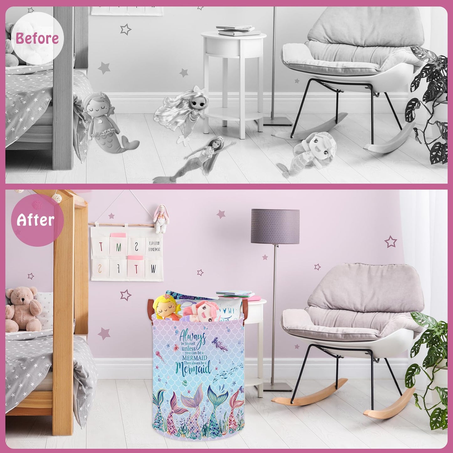 Cesta de lavandería para niños con diseño de sirena, cesta de lavandería para bebés y niñas, con diseño de océano rosa, caja de almacenamiento para ropa bajo el mar, bonita toalla de playa para