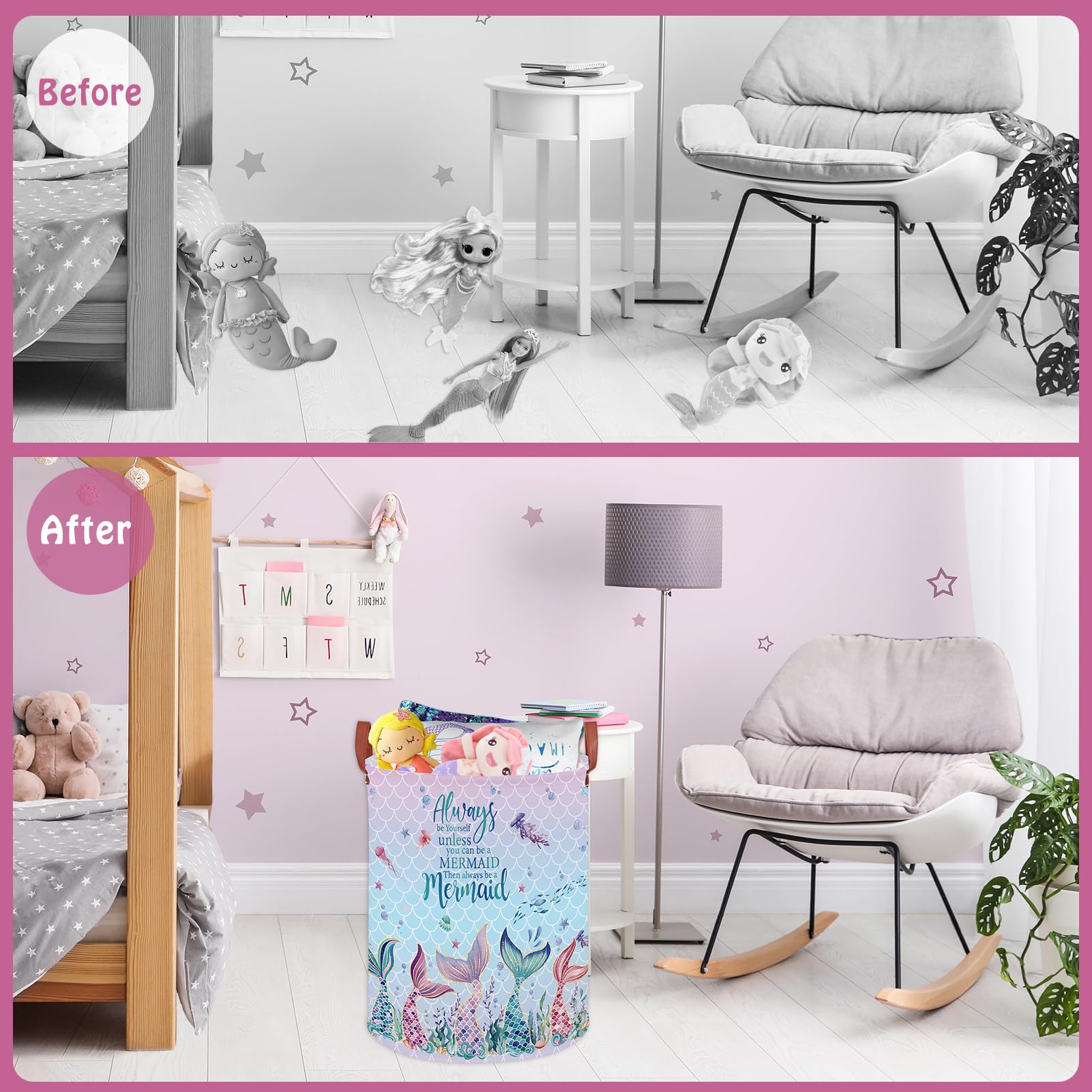 Cesta de lavandería para niños con diseño de sirena, cesta de lavandería para bebés y niñas, con diseño de océano rosa, caja de almacenamiento para ropa bajo el mar, bonita toalla de playa para