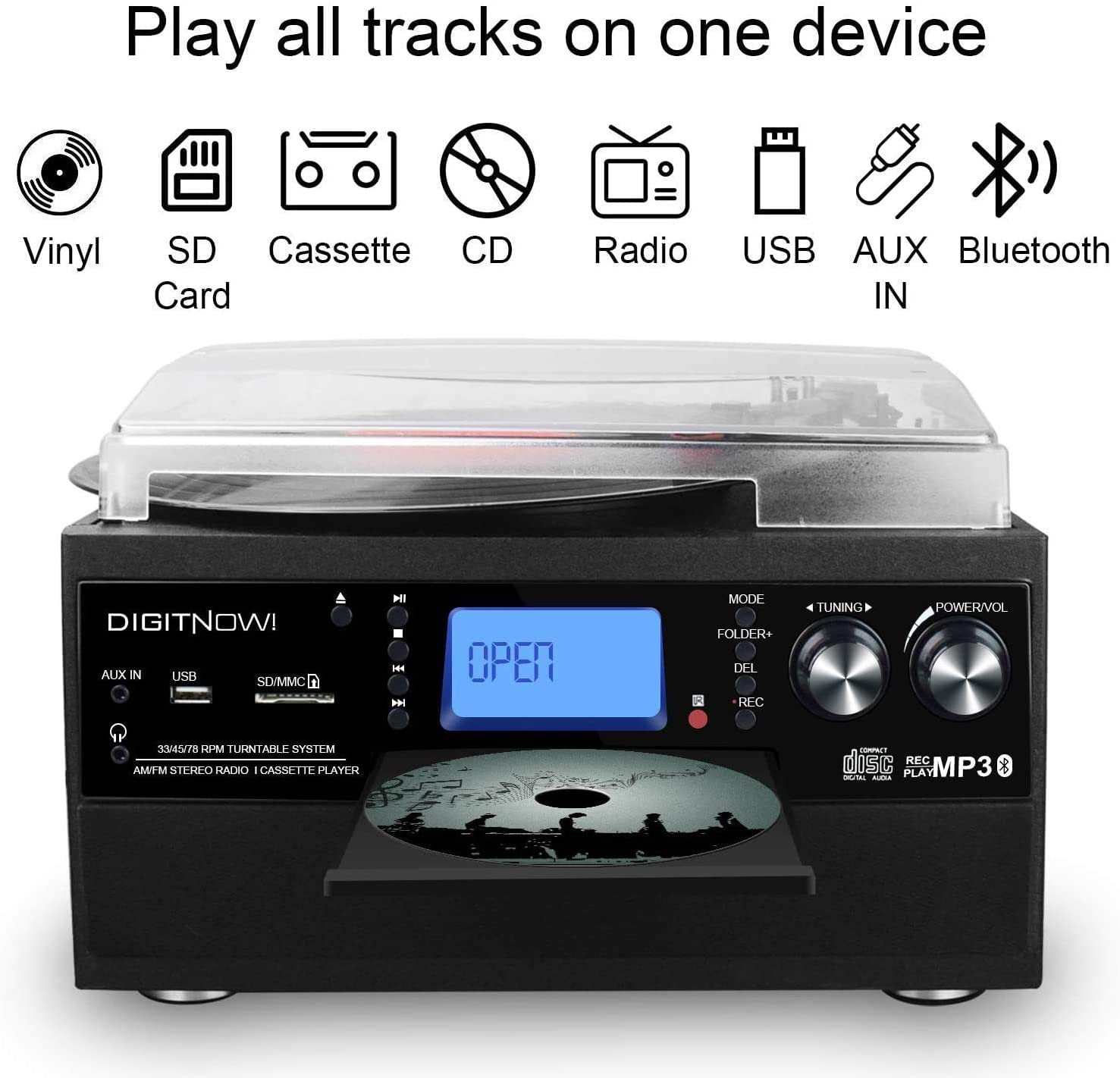 DIGITNOW - Tocadiscos Bluetooth con altavoz estéreo, convertidor de vinilo LP a MP3 con CD, casete, radio, entrada auxiliar y codificación USB/SD, control remoto, reproductor de música de audio