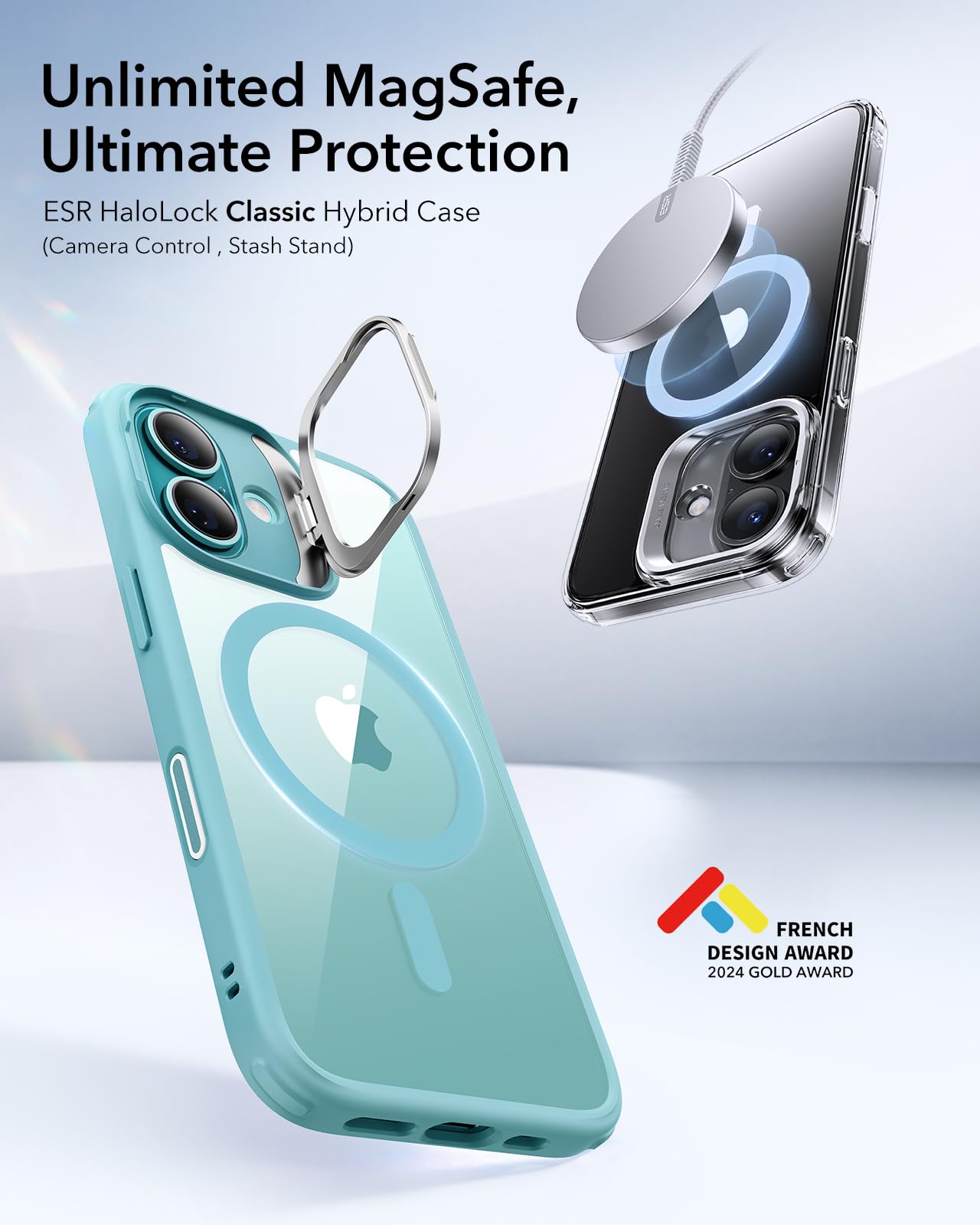 ESR - Funda para iPhone 16, botón de control de cámara compatible con MagSafe, protección de grado militar, soporte integrado, funda trasera resistente a arañazos, clásica, verde transparente