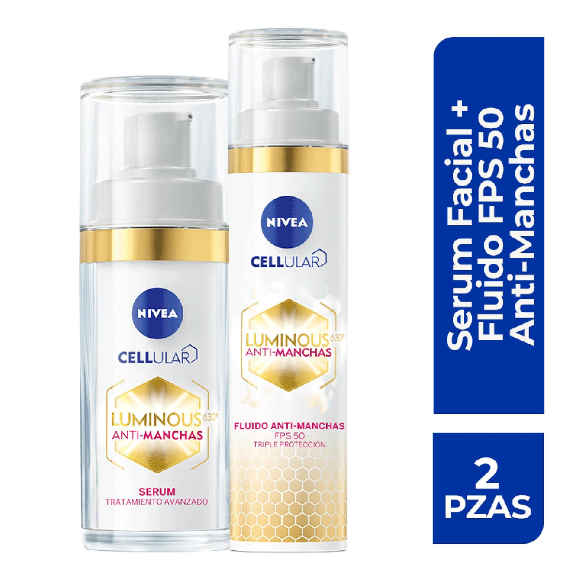 NIVEA Rutina Anti-manchas Rutina Facial Completa Luminous 630 (2 piezas), Enriquecida con Ácido Hialurónico Serum facial 30 ml + Fluido facial FPS50 con Vitamina E 40ml