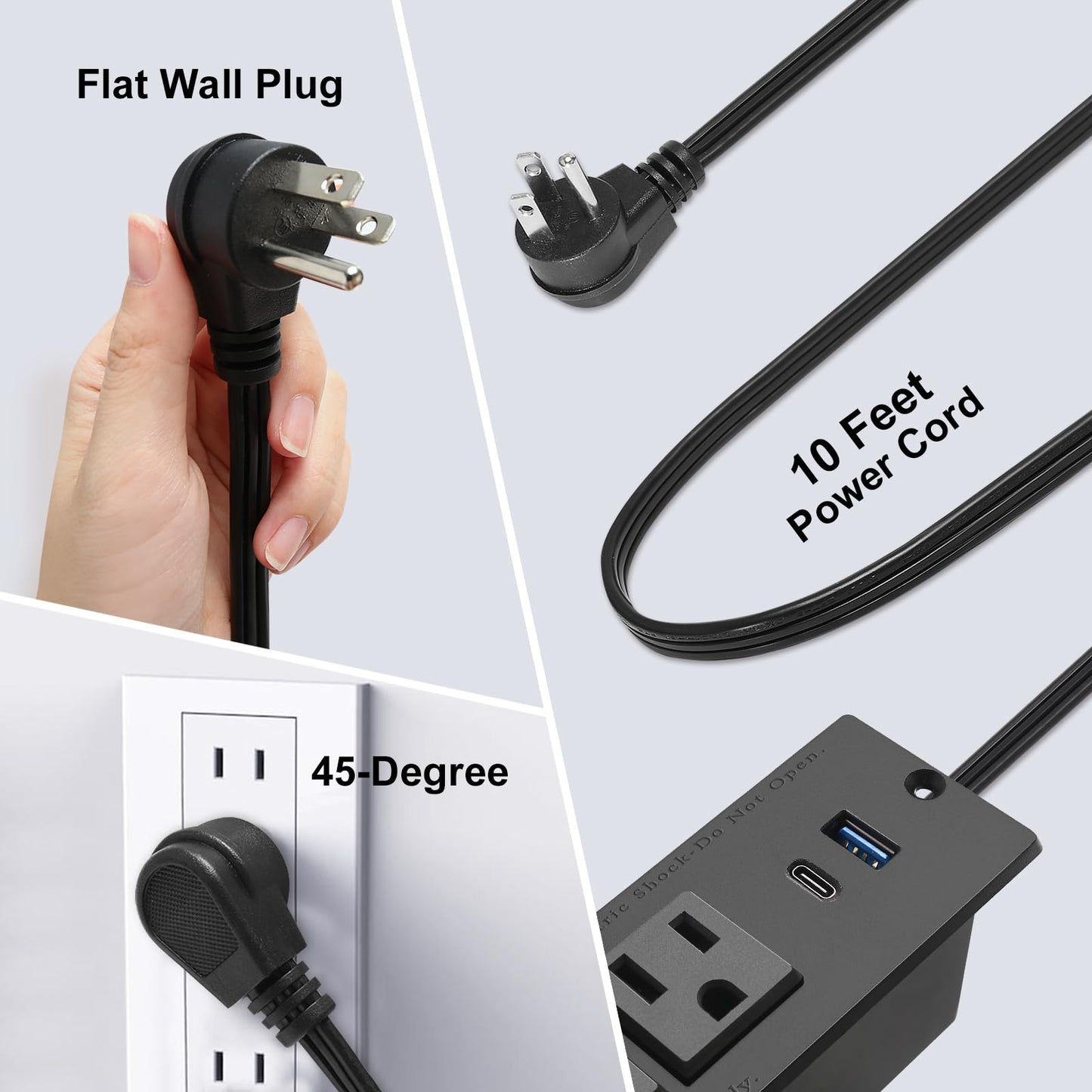 Tira de alimentación empotrada USB C de carga rápida, estación de energía de computadora, 2 tomacorrientes, 2 puertos USB (PD20W y QC18W, total 20 W, montaje en cable de extensión de 10 pies para mesa