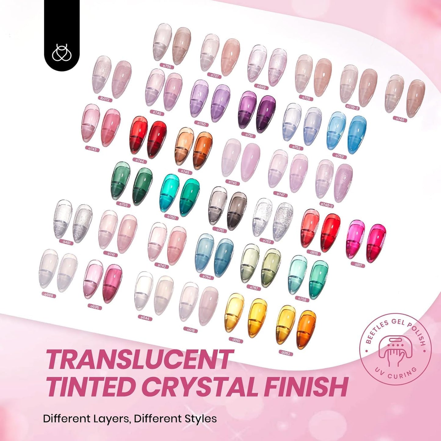 Beetles Set Esmalte en Gel Jelly 53 Piezas 36 Colores Uñas Semitransparentes Milky Cat Eye Glitter Base Top Coat Mate Brillo UV LED Manicura en Casa