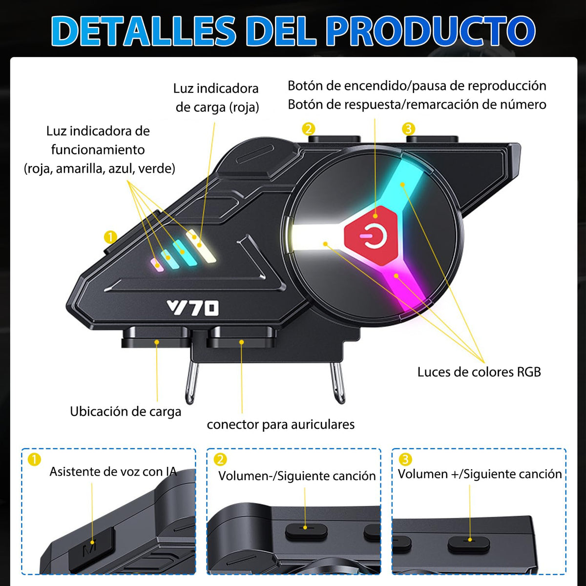 Auricular Bluetooth Motocicleta IP67 Negro Intercomunicado 5.3 Conexión Dual