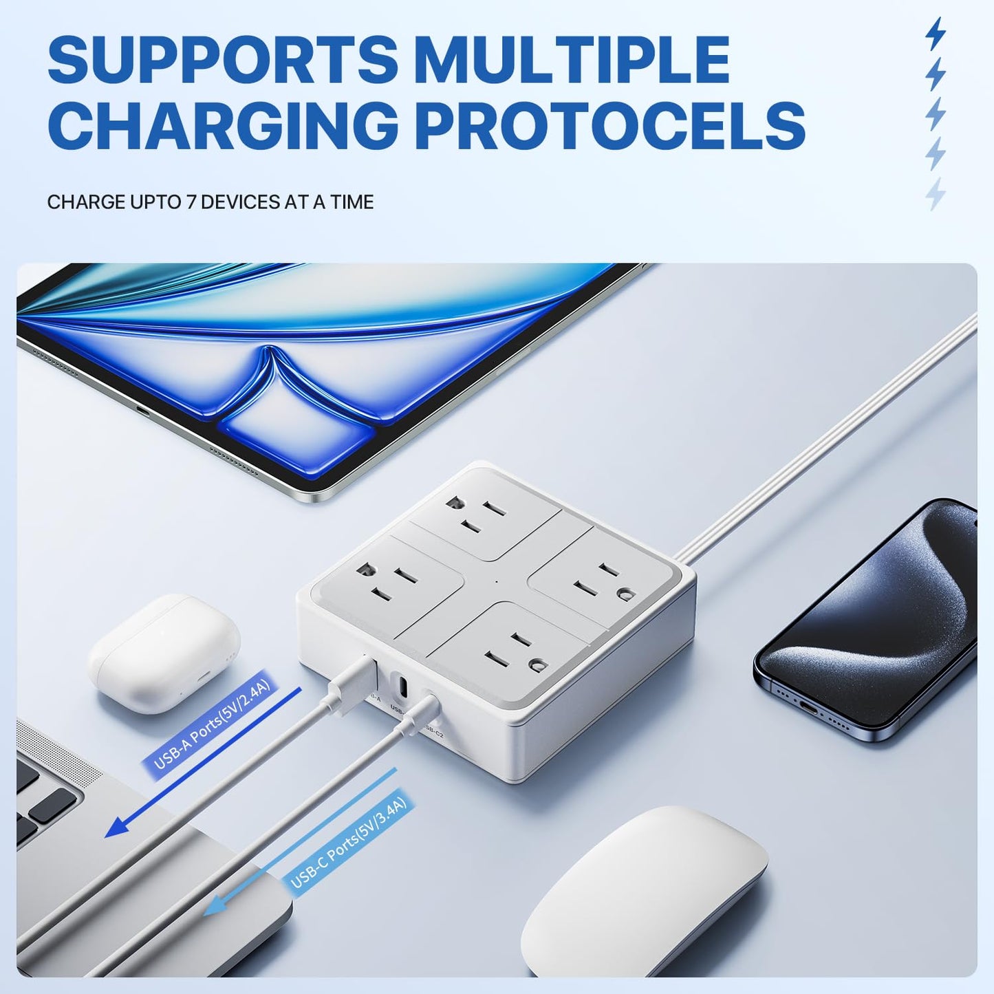 WENTONG Regleta Multicontacto Enchufe Plano, 1.2M Extension Electrica con 4 Salidas CA y 3 Puertos USB，Conector Multiple con Multicontacto USB C, Hogar Oficina Dorm Crucero Travel Essentials
