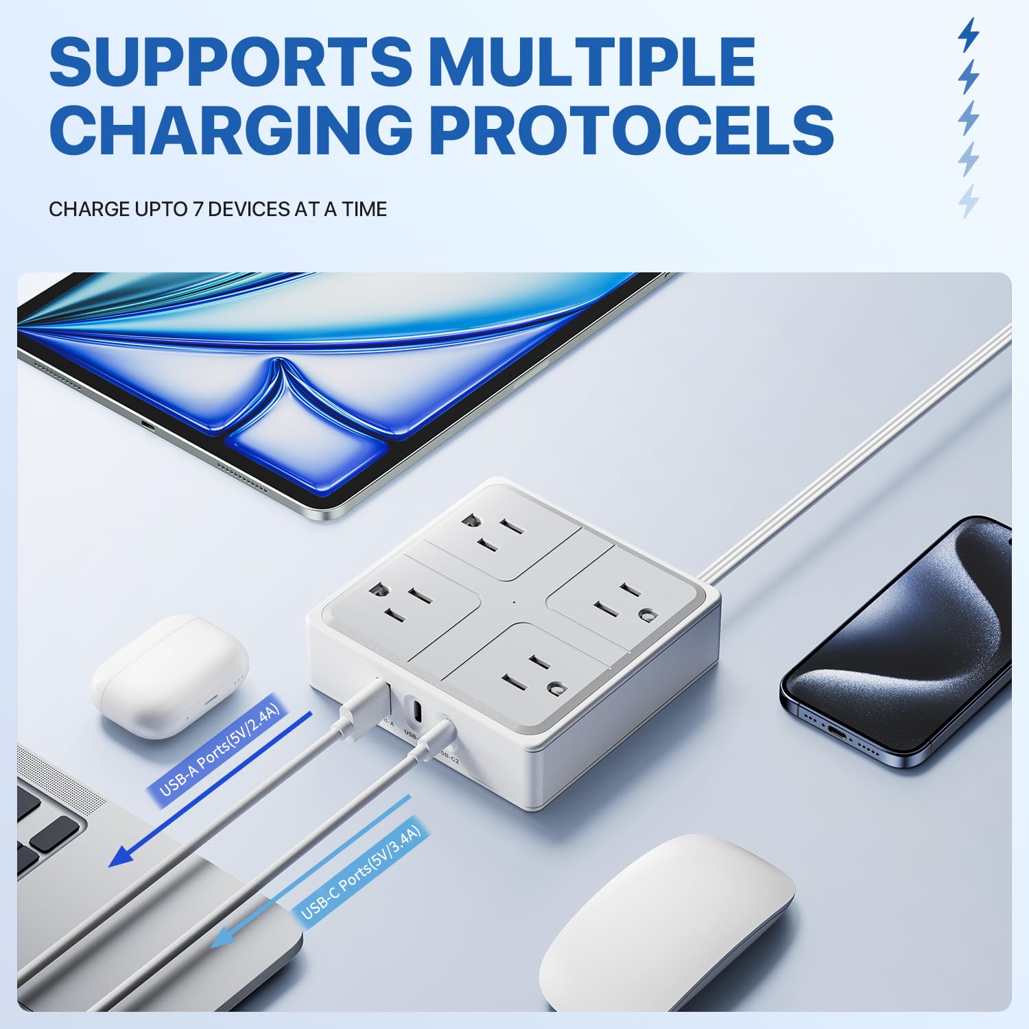 WENTONG Regleta Multicontacto Enchufe Plano, 1.2M Extension Electrica con 4 Salidas CA y 3 Puertos USB，Conector Multiple con Multicontacto USB C, Hogar Oficina Dorm Crucero Travel Essentials