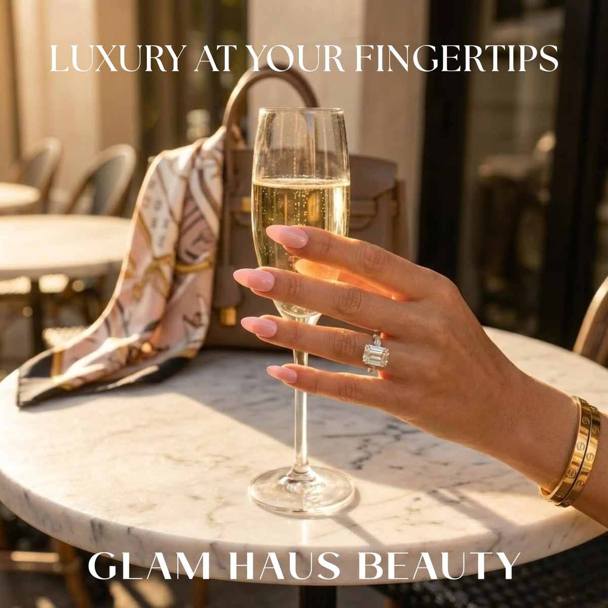 Glam Haus Beauty Uñas postizas rosa satinado | Cortas, cuadradas, rosa perlado, acabado brillante, calidad profesional | 16 tamaños - Kit de 32 uñas con pegamento y pestañas adhesivas