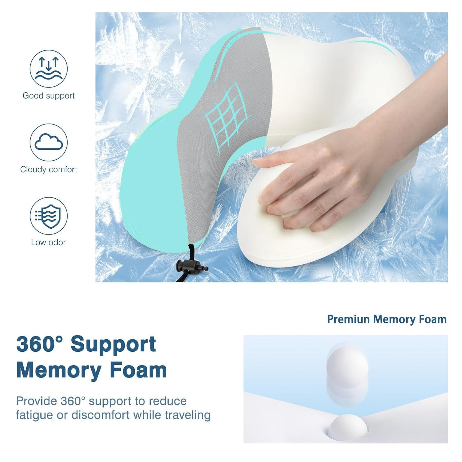 Almohada de Viaje,Almohada de Cuello Viscoelástica de Espuma de Memoria con Máscara de Ojos,Tapones para los oídos y Bolsa con Cordón, Soporte de Cuello para Avión, Oficina y el Hogar (Azul claro)