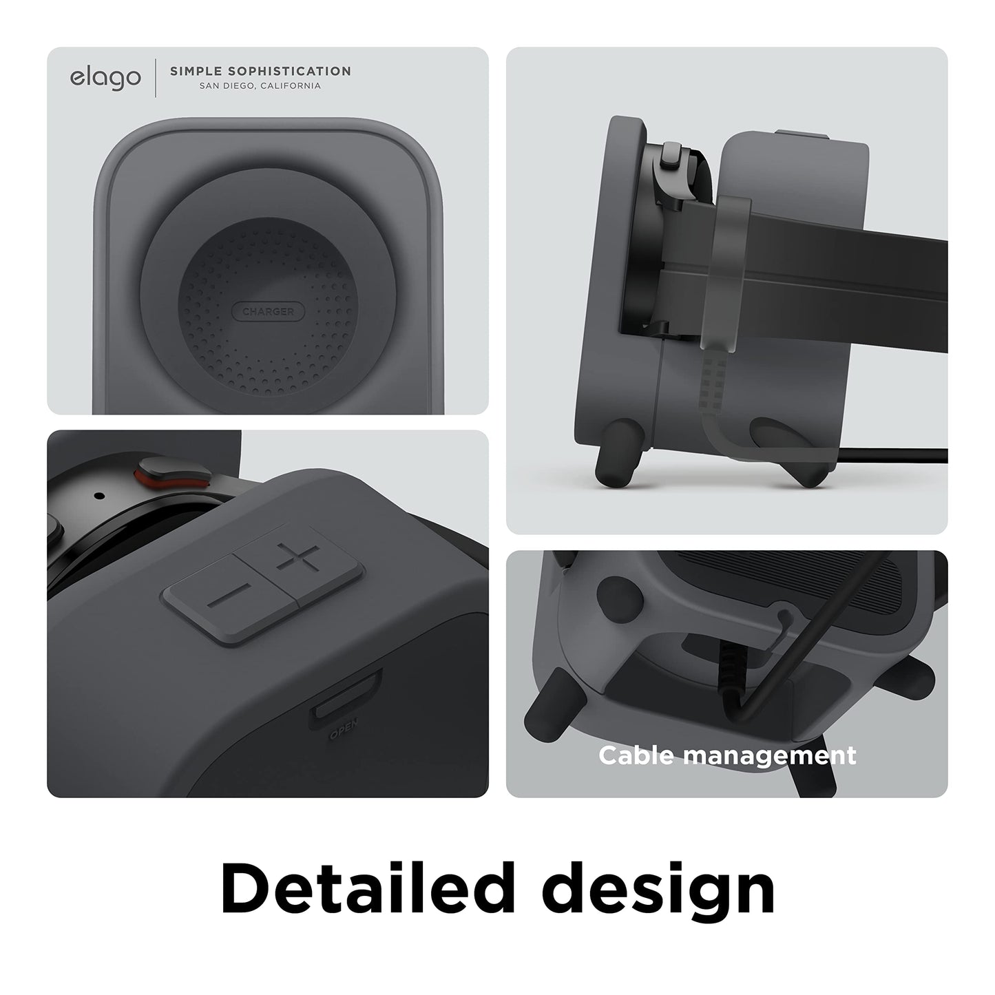 elago GWT5 Soporte de Carga Compatible con Samsung Galaxy Watch 8/8 Classic,7/Ultra,6/6 Classic,5/5 Pro [40/43/44/45/47mm], Diseño de Altavoz Clásico, Modo Nocturno [Cable No Incluido] (Gris Oscuro)