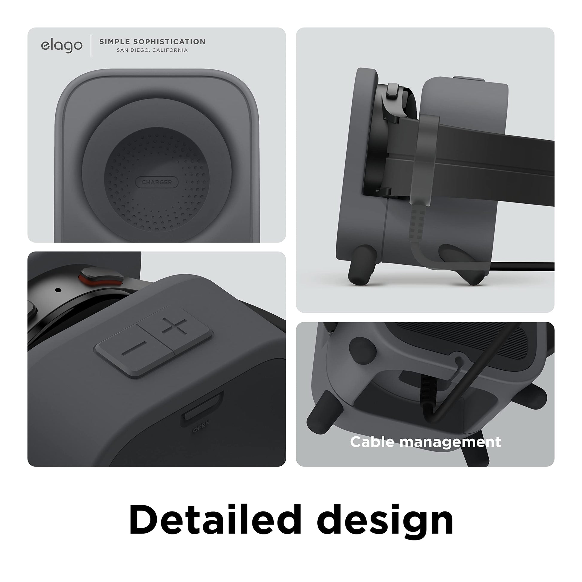 elago GWT5 Soporte de Carga Compatible con Samsung Galaxy Watch 8/8 Classic,7/Ultra,6/6 Classic,5/5 Pro [40/43/44/45/47mm], Diseño de Altavoz Clásico, Modo Nocturno [Cable No Incluido] (Gris Oscuro)